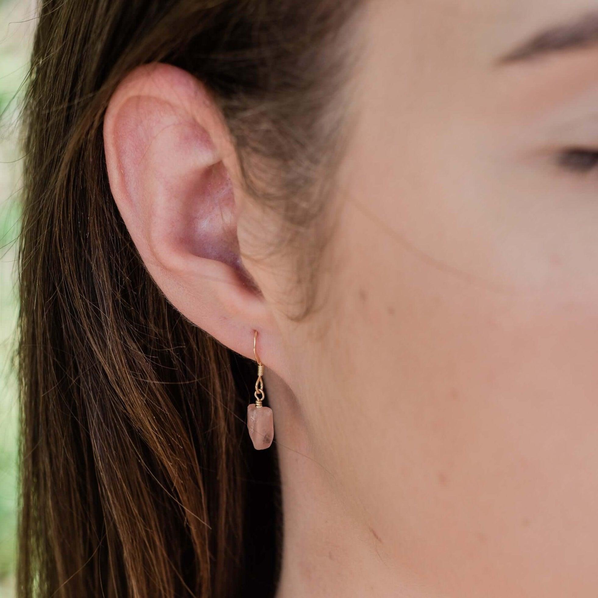 Raw Pink Rose Quartz Crystal Dangle Drop Earrings - Raw Pink Rose Quartz Crystal Dangle Drop Earrings - 14k Gold Fill - Luna Tide Handmade Crystal Jewellery