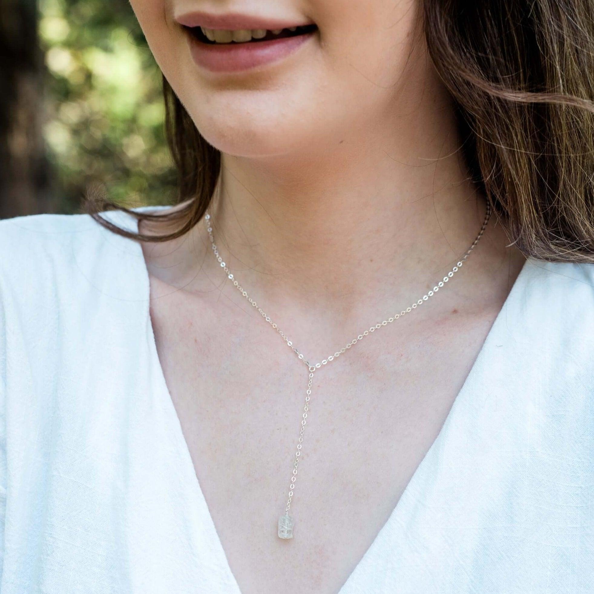 Raw Rainbow Moonstone Crystal Lariat Necklace - Raw Rainbow Moonstone Crystal Lariat Necklace - 14k Gold Fill - Luna Tide Handmade Crystal Jewellery