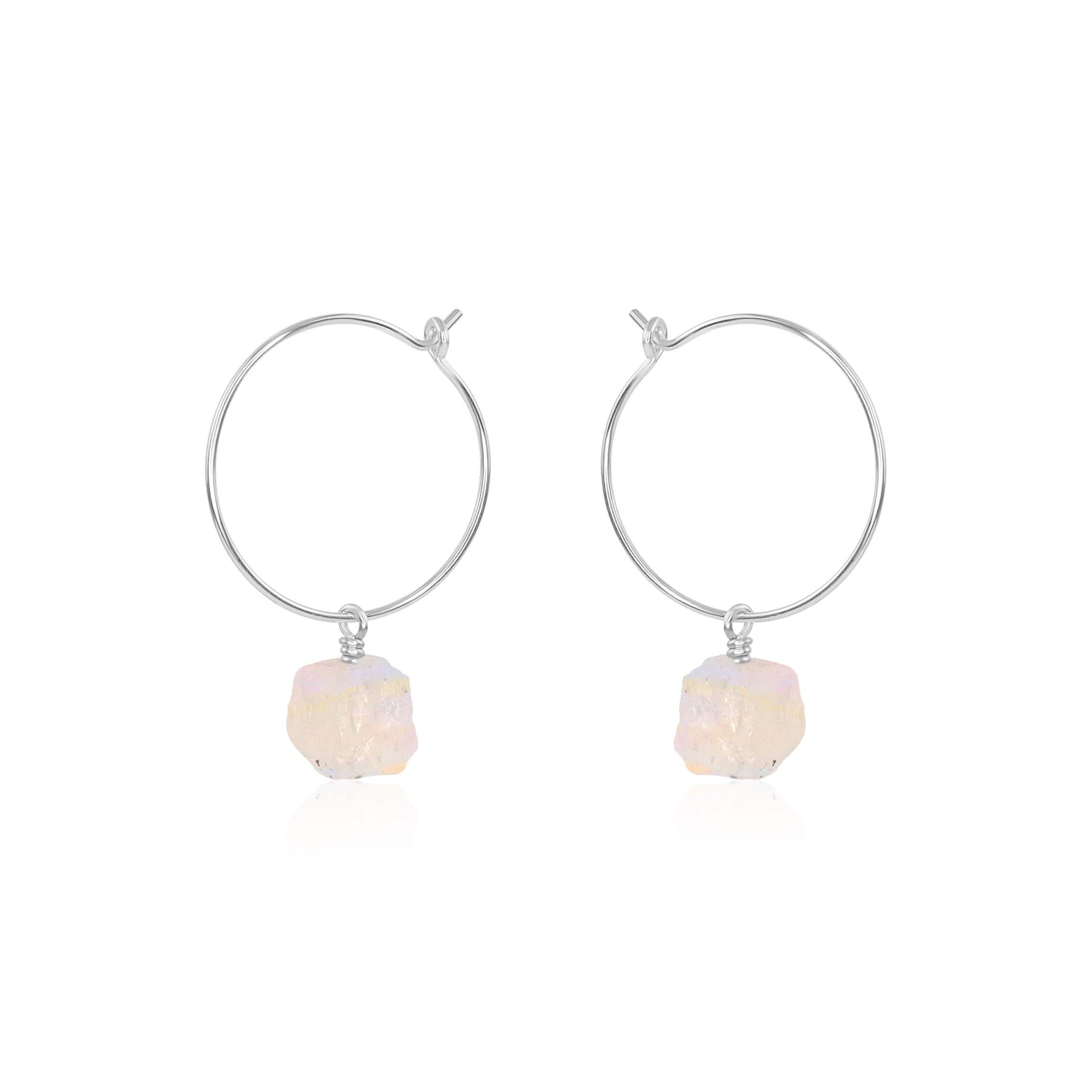 Raw Rainbow Moonstone Gemstone Dangle Hoop Earrings - Raw Rainbow Moonstone Gemstone Dangle Hoop Earrings - Sterling Silver - Luna Tide Handmade Crystal Jewellery
