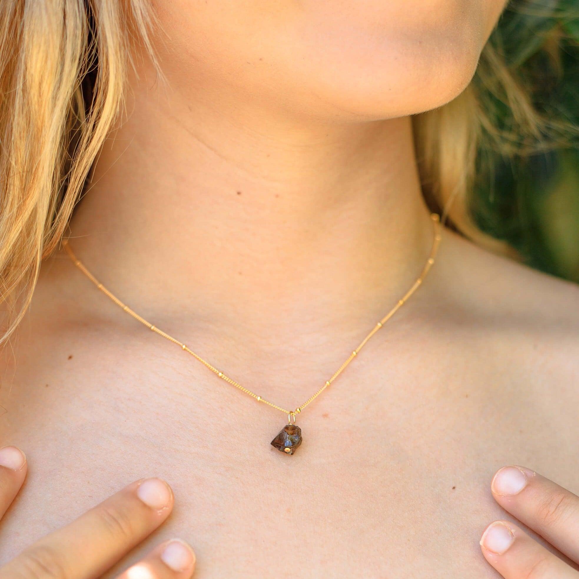 Raw Smoky Quartz Natural Crystal Pendant Necklace - Raw Smoky Quartz Natural Crystal Pendant Necklace - 14k Gold Fill / Satellite - Luna Tide Handmade Crystal Jewellery