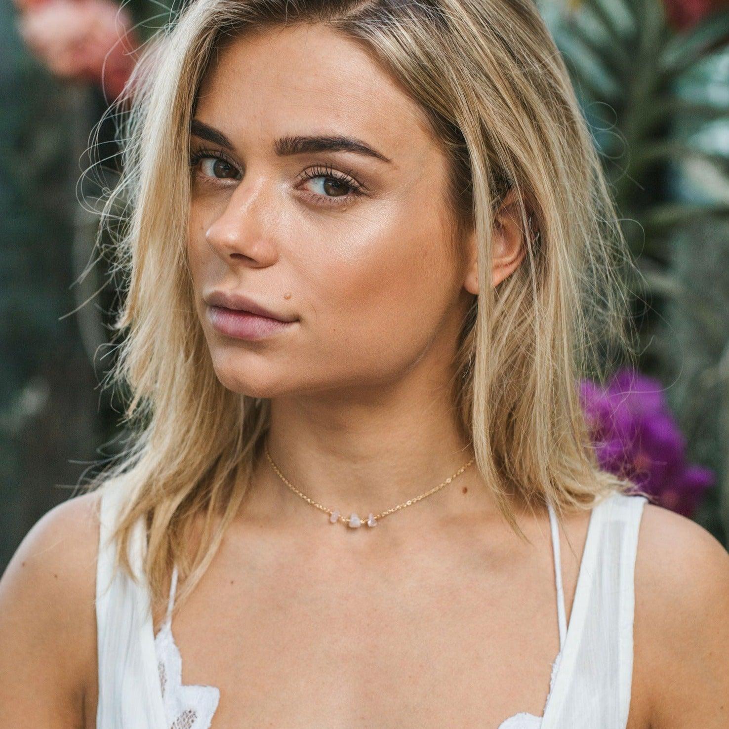 Rose Quartz Beaded Chain Choker Necklace - Rose Quartz Beaded Chain Choker Necklace - 14k Gold Fill - Luna Tide Handmade Crystal Jewellery