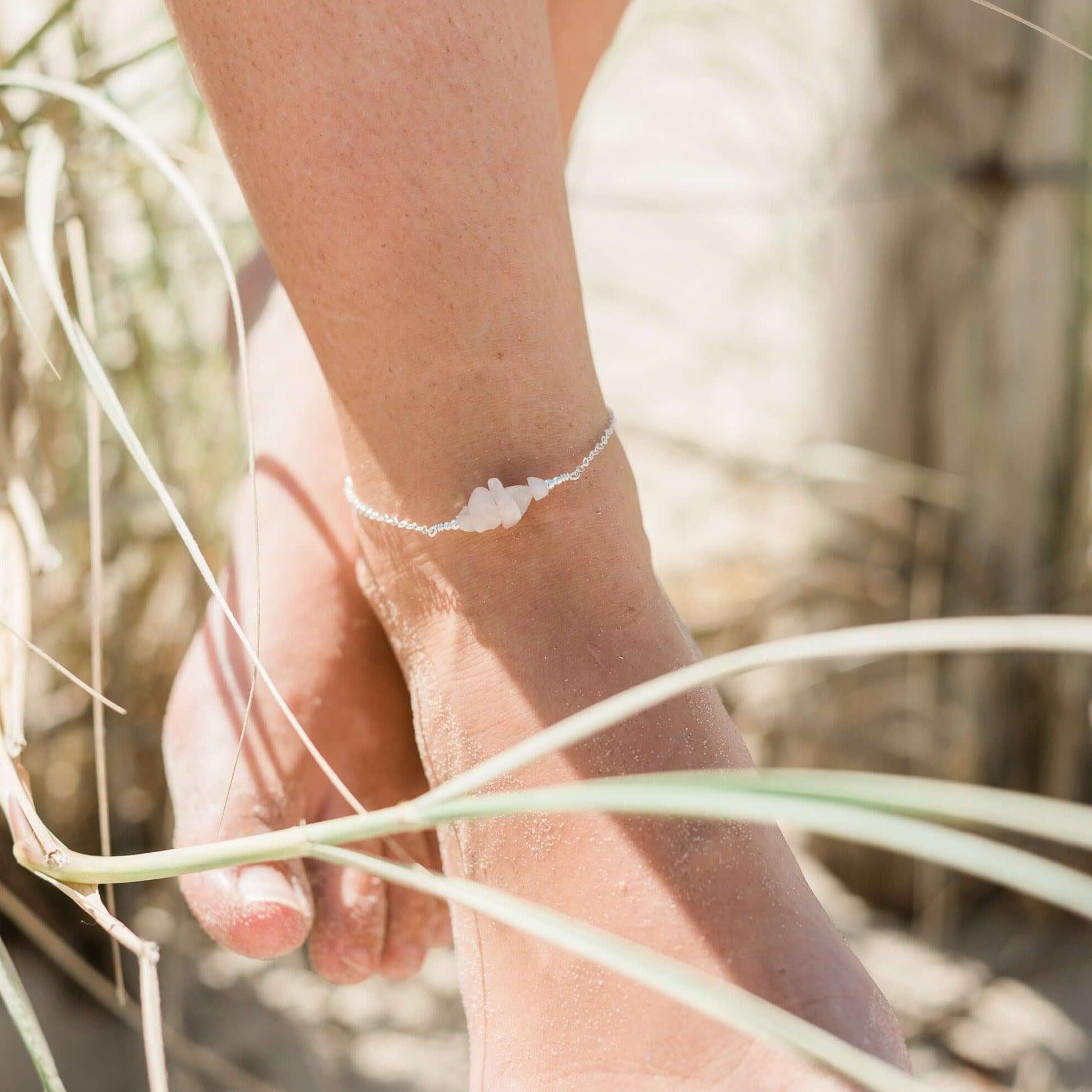 Rose quartz Chip Bead Bar Anklet - Rose quartz Chip Bead Bar Anklet - Sterling Silver - Luna Tide Handmade Crystal Jewellery