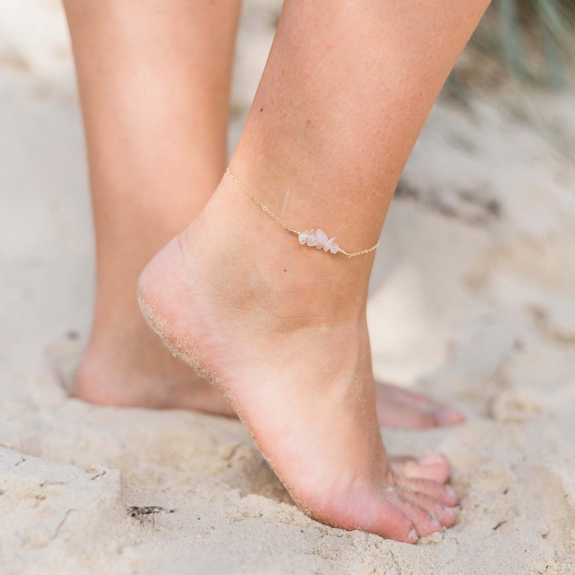 Rose quartz Chip Bead Bar Anklet - Rose quartz Chip Bead Bar Anklet - Sterling Silver - Luna Tide Handmade Crystal Jewellery