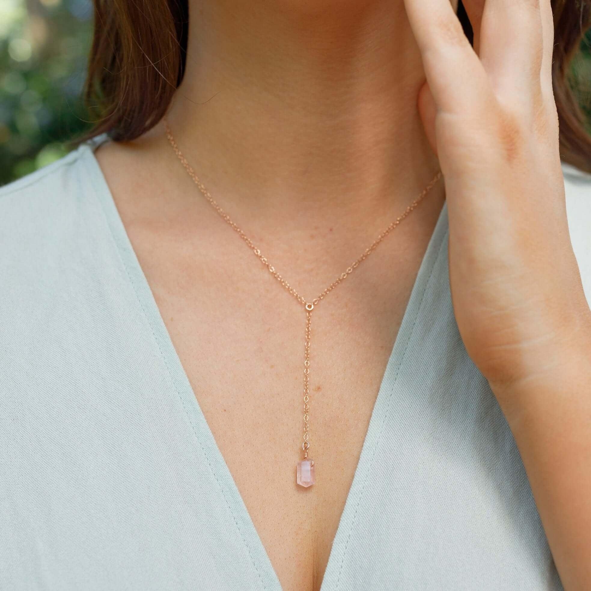 Rose Quartz Double Terminated Mini Crystal Point Lariat Necklace - Rose Quartz Double Terminated Mini Crystal Point Lariat Necklace - Sterling Silver - Luna Tide Handmade Crystal Jewellery