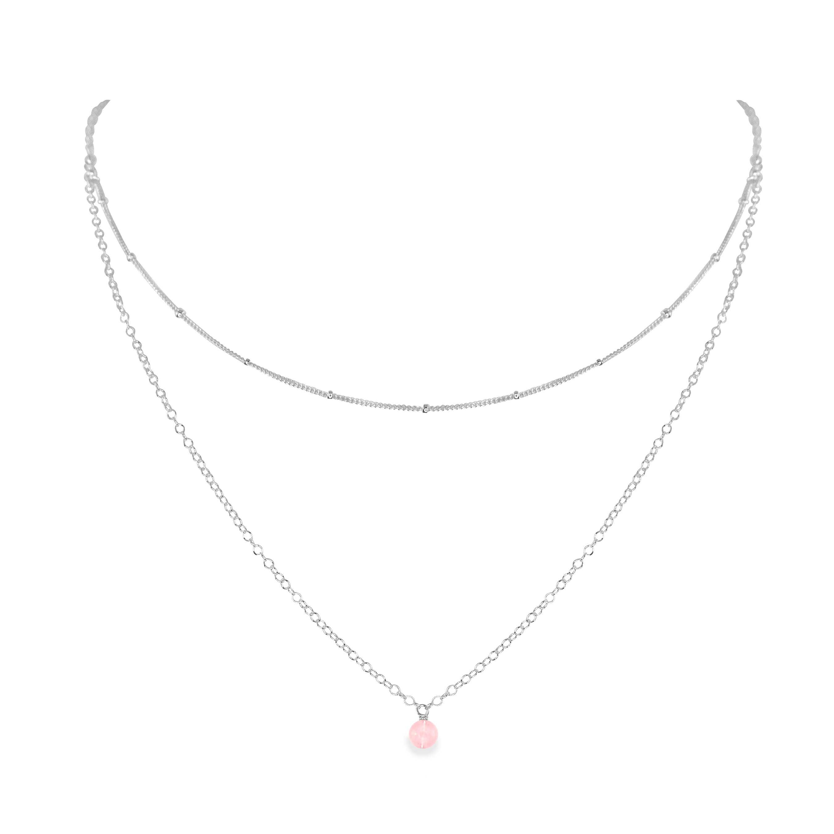 Rose Quartz Gemstone Chain Layered Choker Necklace - Rose Quartz Gemstone Chain Layered Choker Necklace - Sterling Silver - Luna Tide Handmade Crystal Jewellery