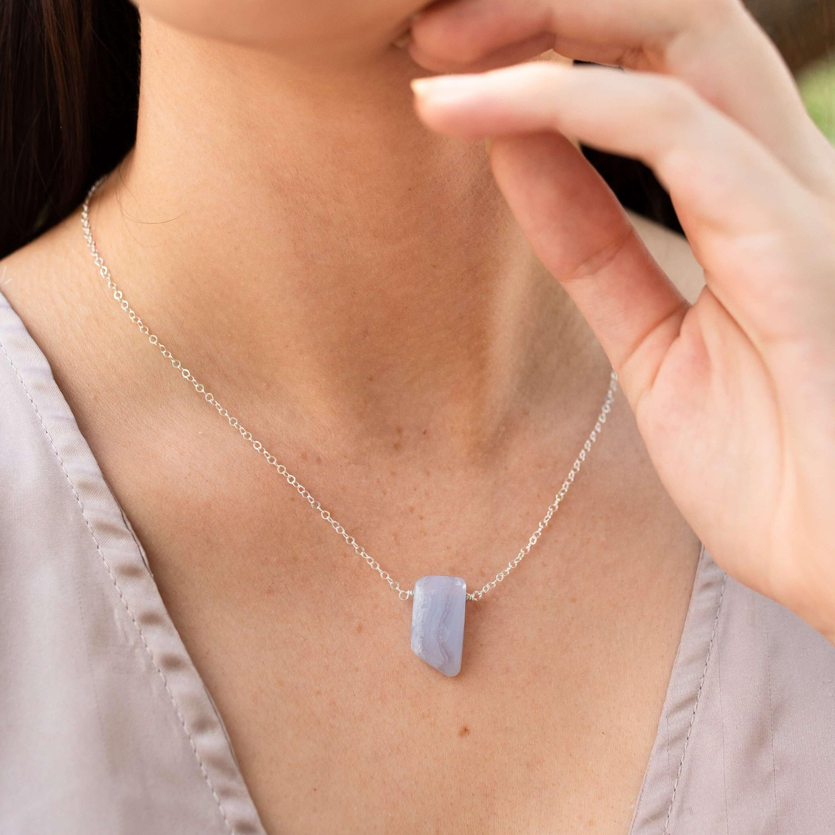 Small Smooth Blue Lace Agate Slab Necklace - Small Smooth Blue Lace Agate Slab Necklace - Sterling Silver - Luna Tide Handmade Crystal Jewellery