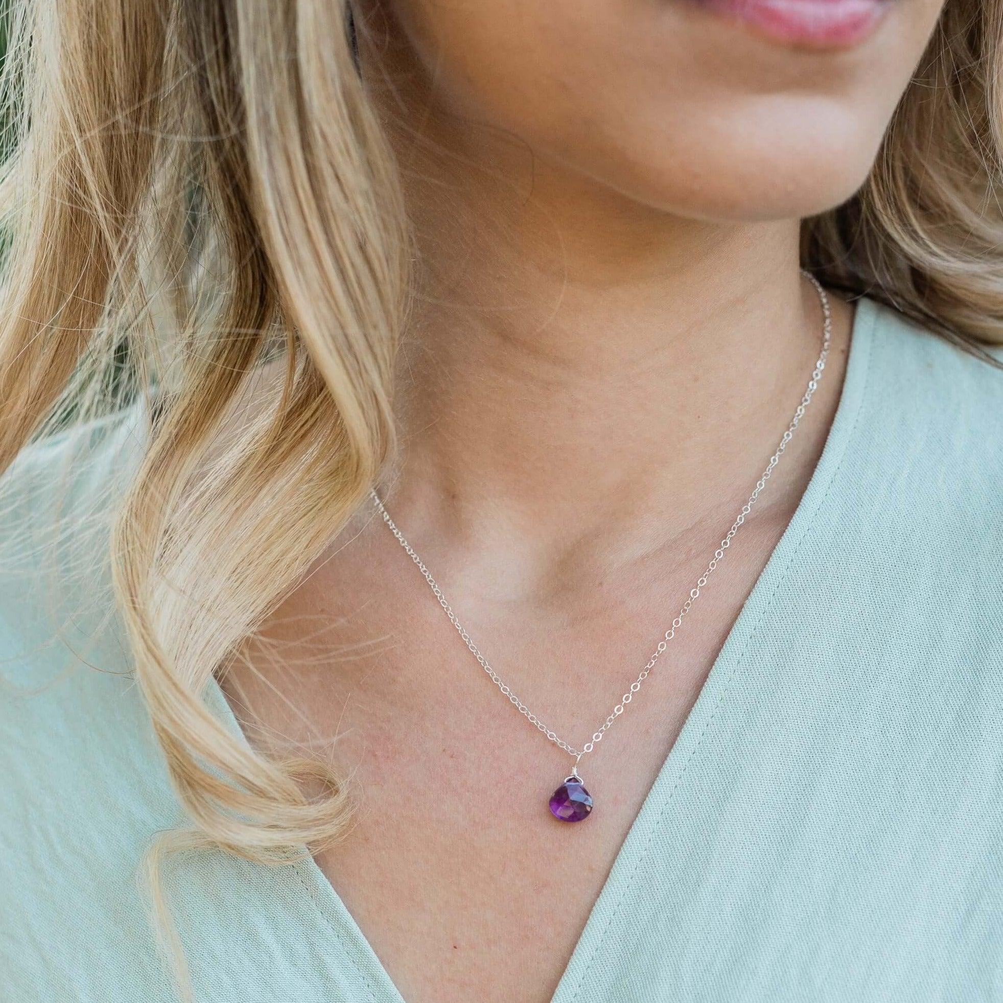 Tiny Amethyst Teardrop Crystal Necklace - Tiny Amethyst Teardrop Crystal Necklace - Sterling Silver / Cable - Luna Tide Handmade Crystal Jewellery