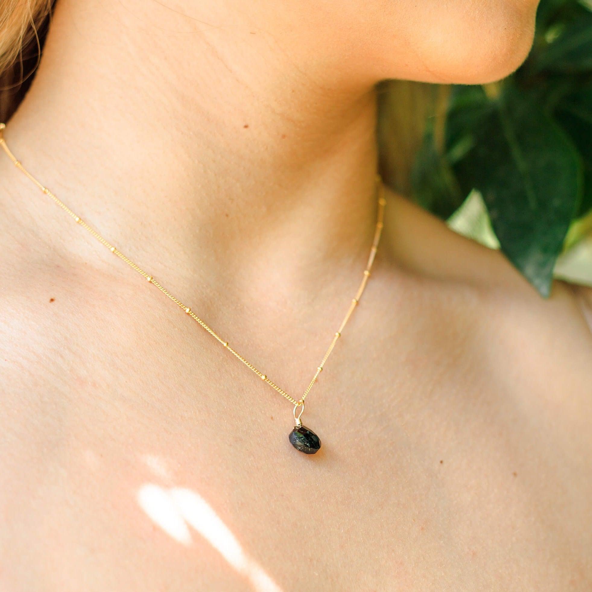 Tiny Black Tourmaline Teardrop Crystal Necklace - Tiny Black Tourmaline Teardrop Crystal Necklace - Sterling Silver / Cable - Luna Tide Handmade Crystal Jewellery