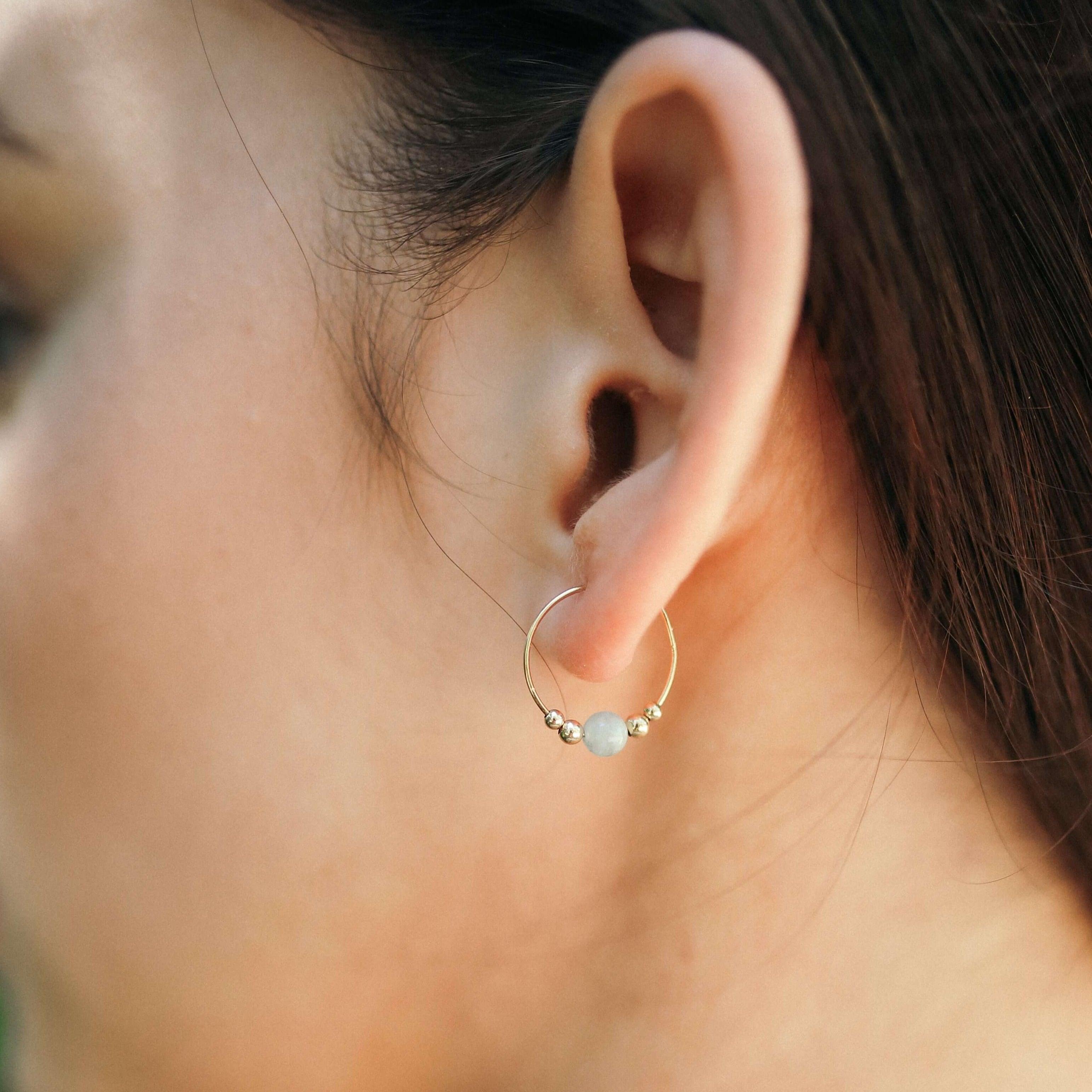 Tiny Blue Aquamarine Bead Hoop Earrings - Tiny Blue Aquamarine Bead Hoop Earrings - 14k Gold Fill - Luna Tide Handmade Crystal Jewellery