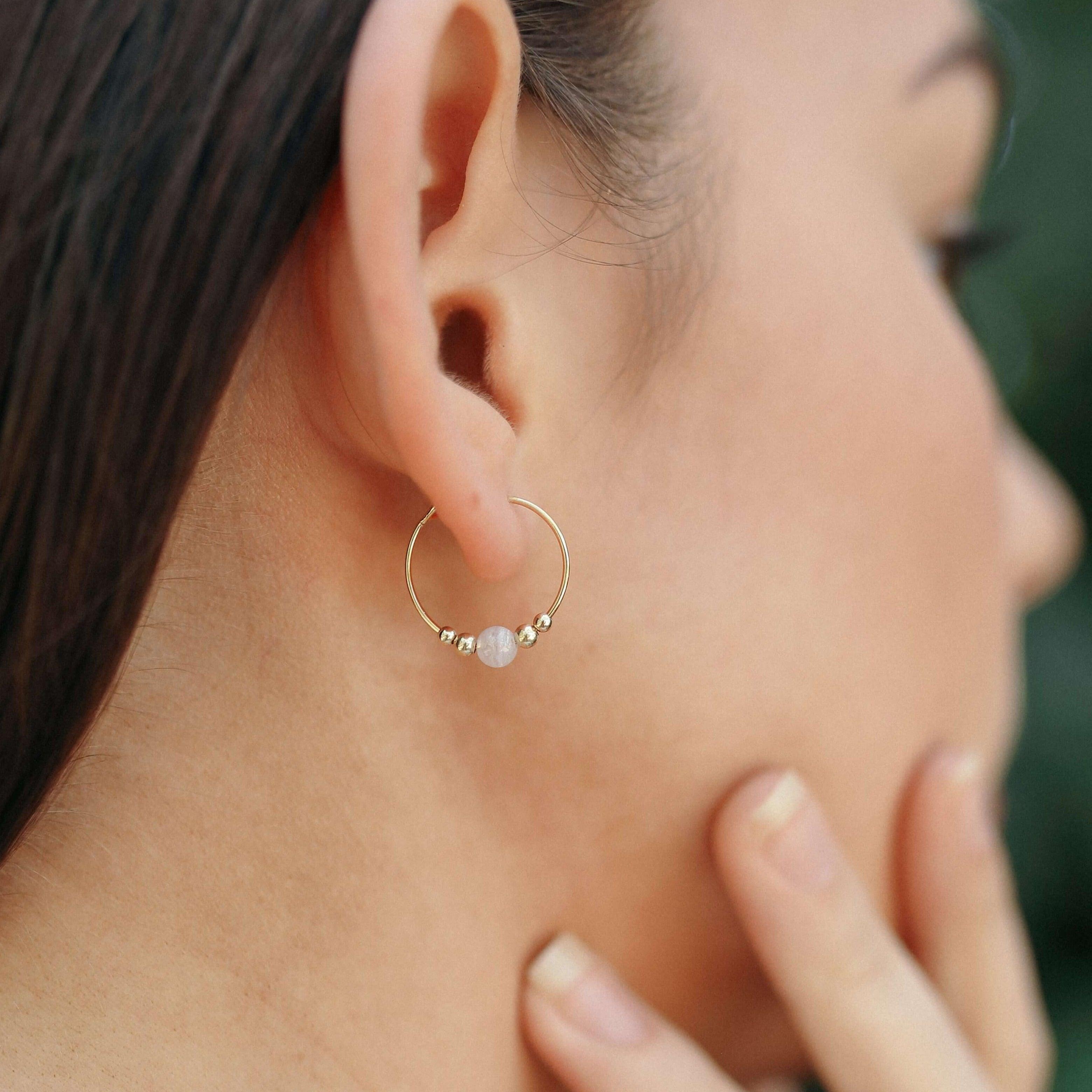 Tiny Blue Lace Agate Bead Hoop Earrings - Tiny Blue Lace Agate Bead Hoop Earrings - 14k Gold Fill - Luna Tide Handmade Crystal Jewellery