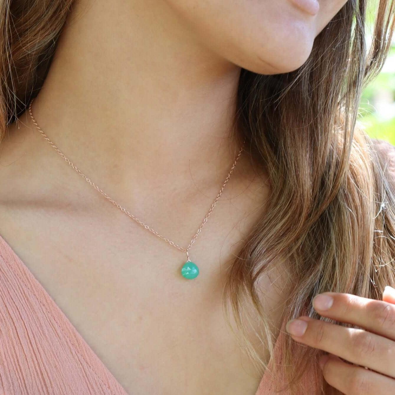 Tiny Chrysoprase Teardrop Crystal Necklace - Tiny Chrysoprase Teardrop Crystal Necklace - Sterling Silver / Cable - Luna Tide Handmade Crystal Jewellery