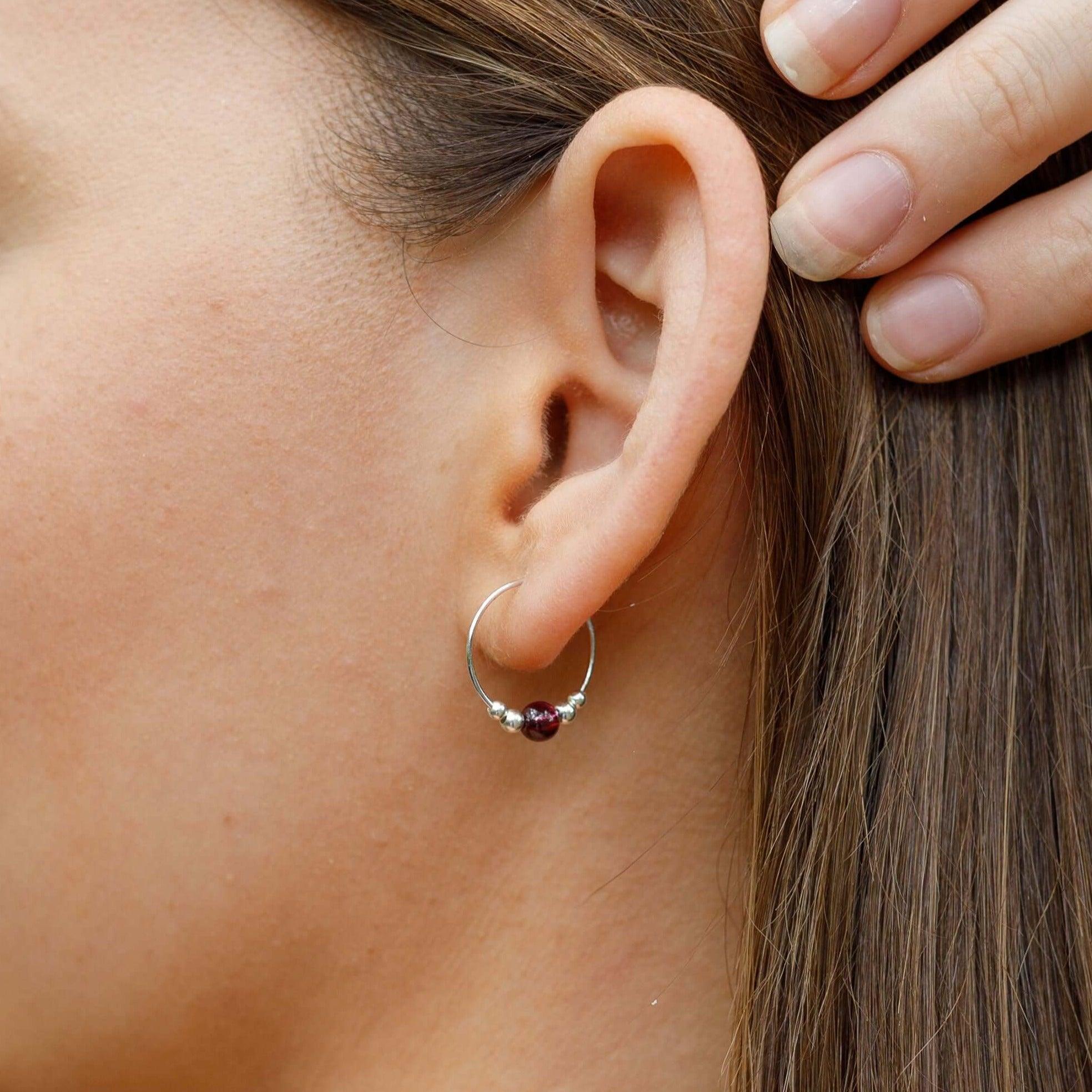Tiny Garnet Bead Hoop Earrings - Tiny Garnet Bead Hoop Earrings - 14k Gold Fill - Luna Tide Handmade Crystal Jewellery
