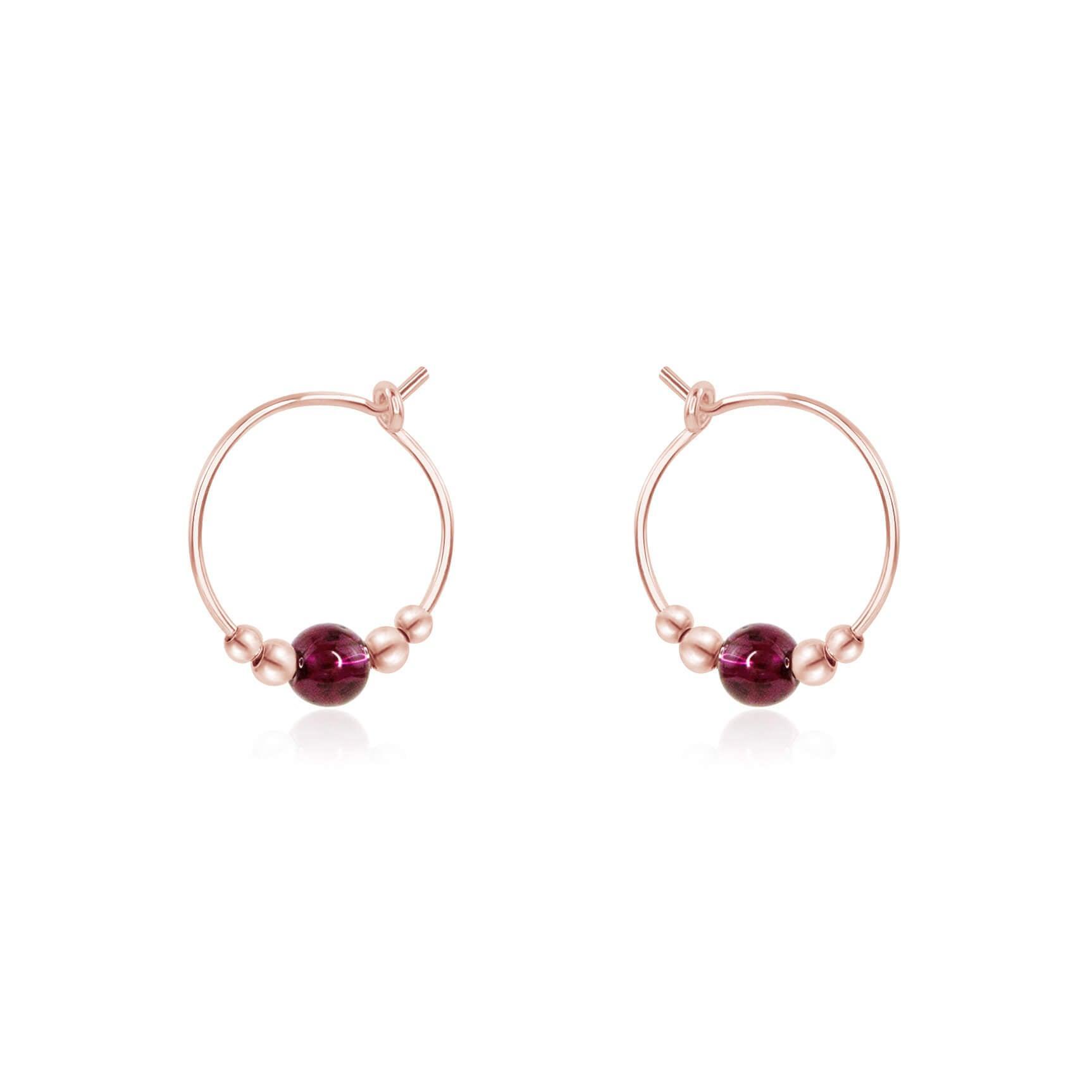 Tiny Garnet Bead Hoop Earrings - Tiny Garnet Bead Hoop Earrings - 14k Rose Gold Fill - Luna Tide Handmade Crystal Jewellery