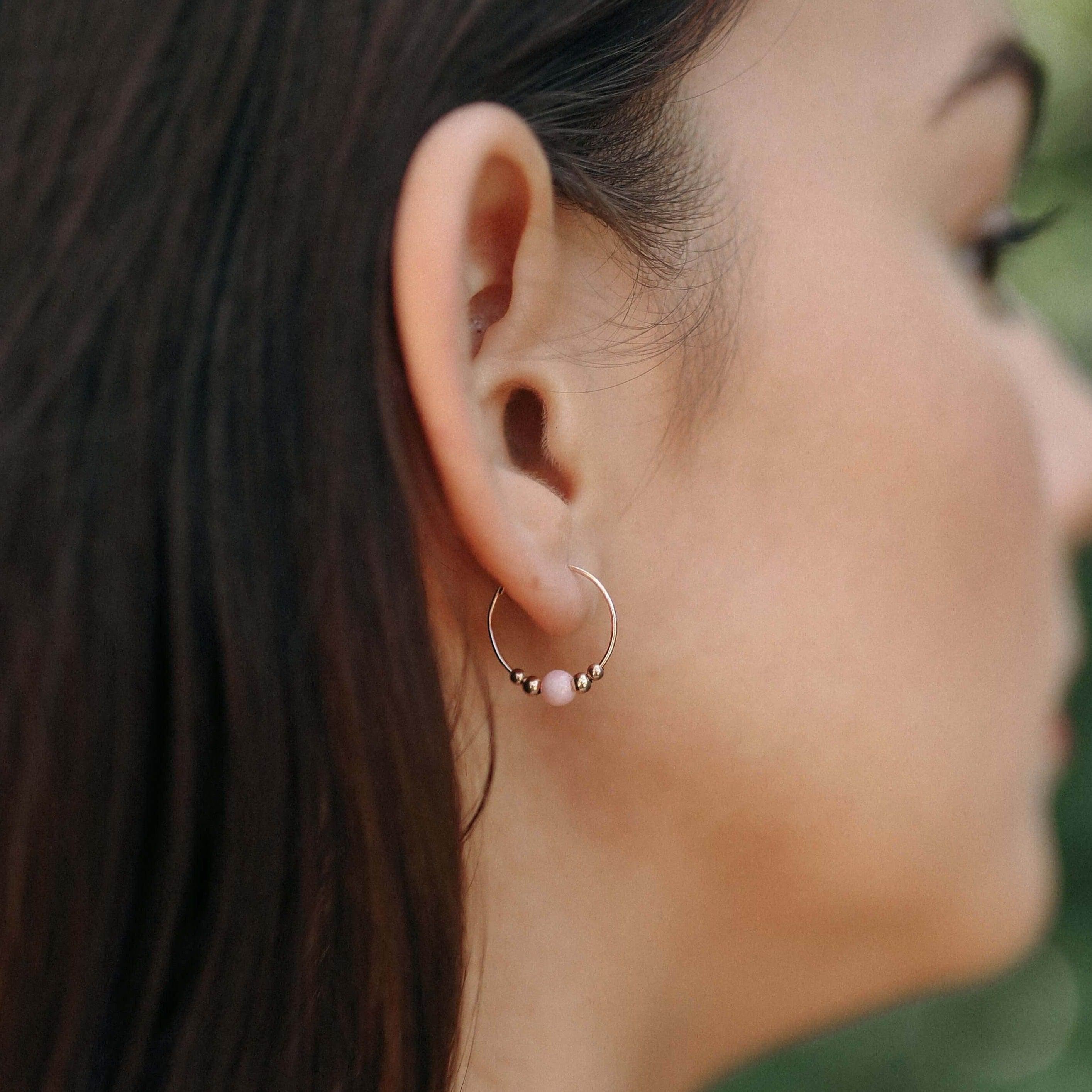 Tiny Pink Peruvian Opal Bead Hoop Earrings - Tiny Pink Peruvian Opal Bead Hoop Earrings - 14k Gold Fill - Luna Tide Handmade Crystal Jewellery