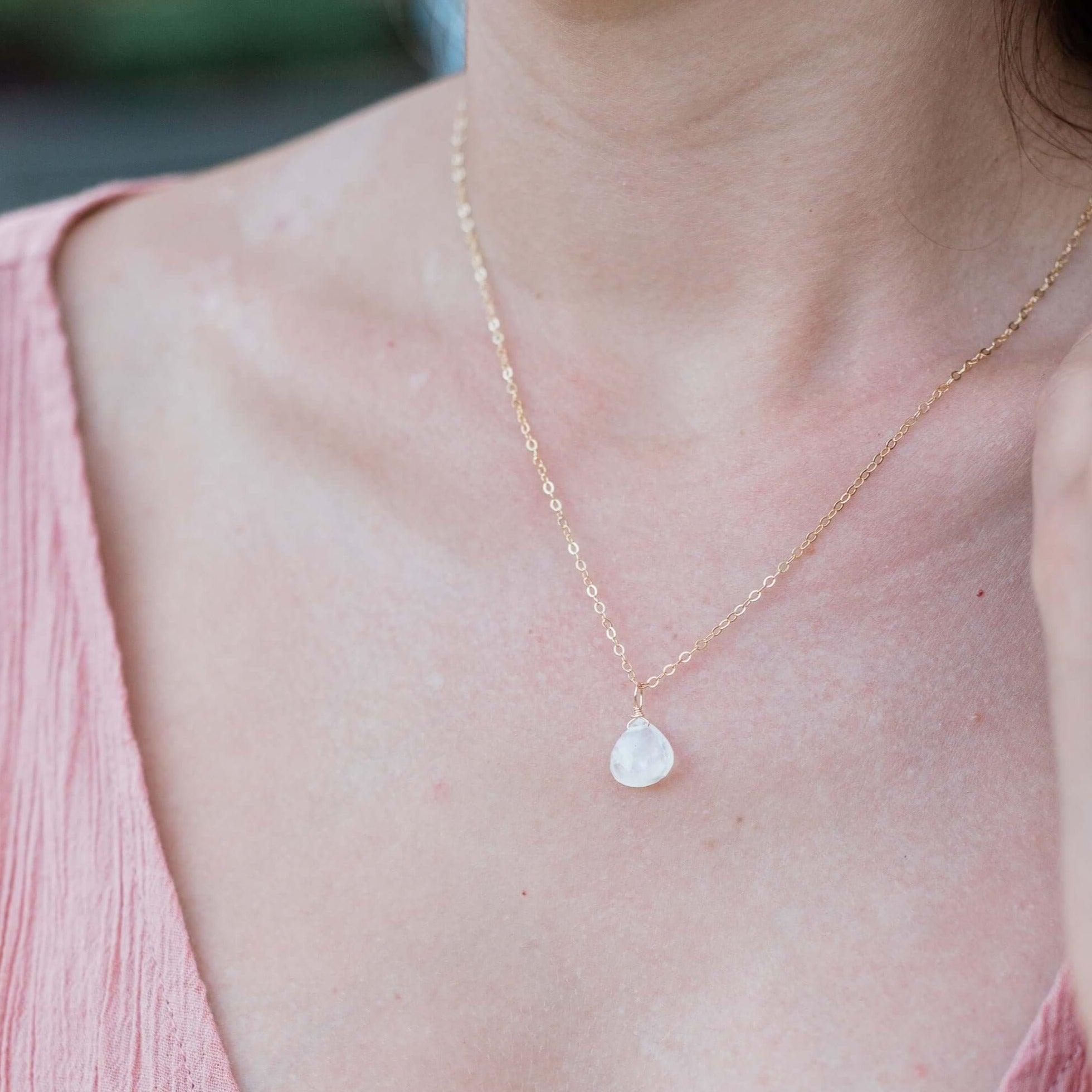Tiny Rainbow Moonstone Teardrop Crystal Necklace - Tiny Rainbow Moonstone Teardrop Crystal Necklace - 14k Gold Fill / Cable - Luna Tide Handmade Crystal Jewellery