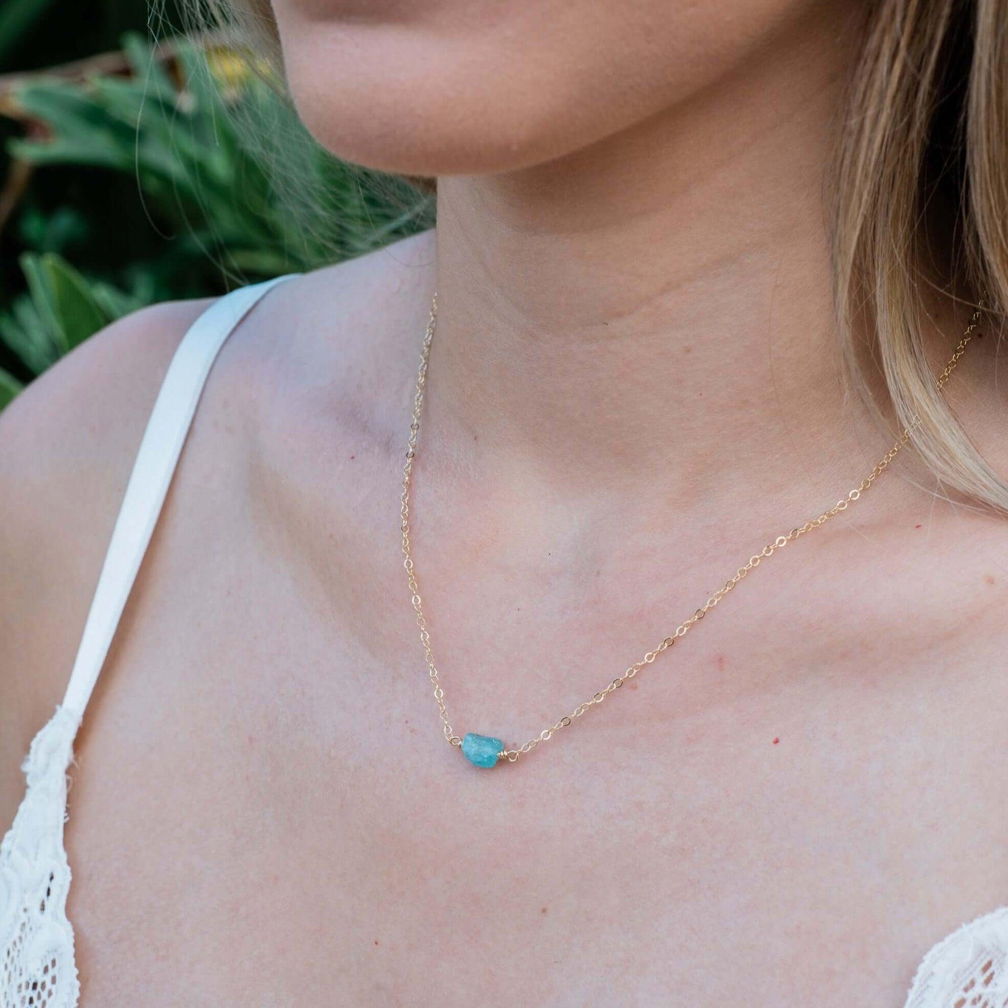 Tiny Raw Apatite Crystal Nugget Necklace - Tiny Raw Apatite Crystal Nugget Necklace - Sterling Silver - Luna Tide Handmade Crystal Jewellery