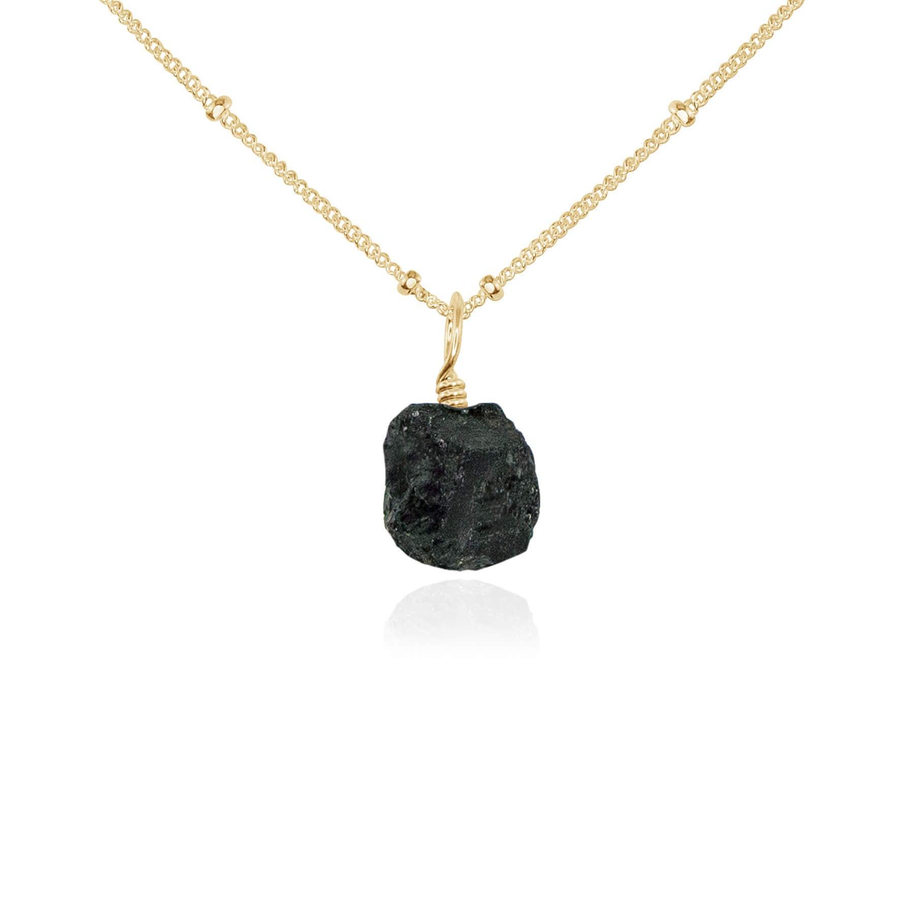 Tiny Raw Black Tourmaline Pendant Necklace - Tiny Raw Black Tourmaline Pendant Necklace - 14k Gold Fill / Satellite - Luna Tide Handmade Crystal Jewellery
