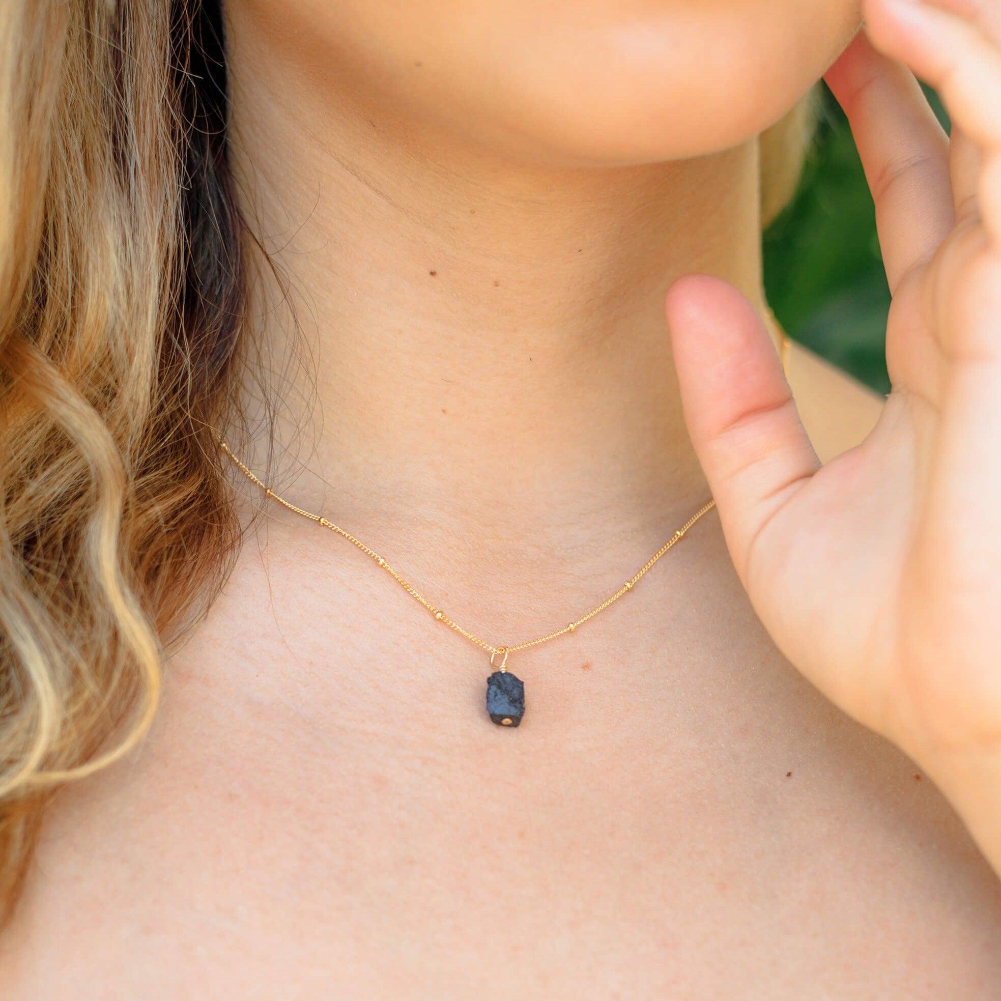 Tiny Raw Black Tourmaline Pendant Necklace - Tiny Raw Black Tourmaline Pendant Necklace - Sterling Silver / Cable - Luna Tide Handmade Crystal Jewellery