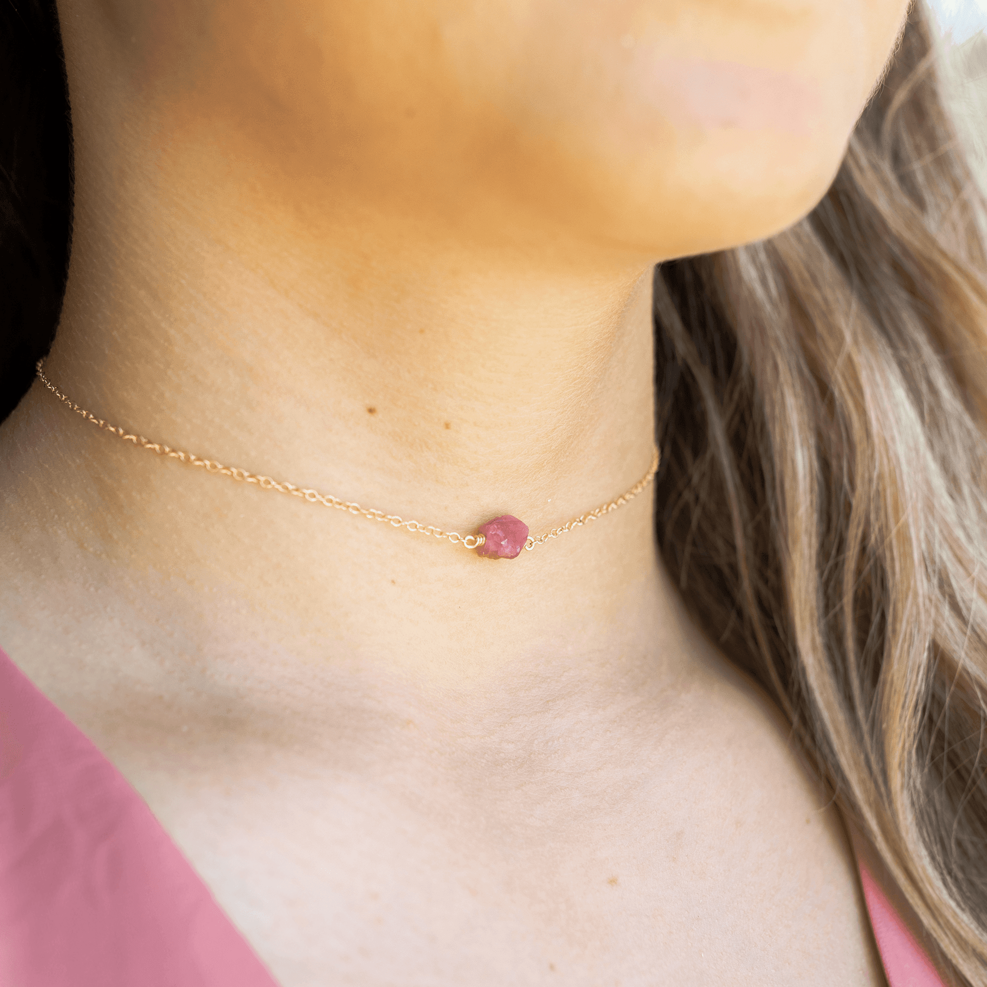 Tiny Raw Pink Tourmaline Crystal Nugget Choker - Tiny Raw Pink Tourmaline Crystal Nugget Choker - 14k Gold Fill - Luna Tide Handmade Crystal Jewellery
