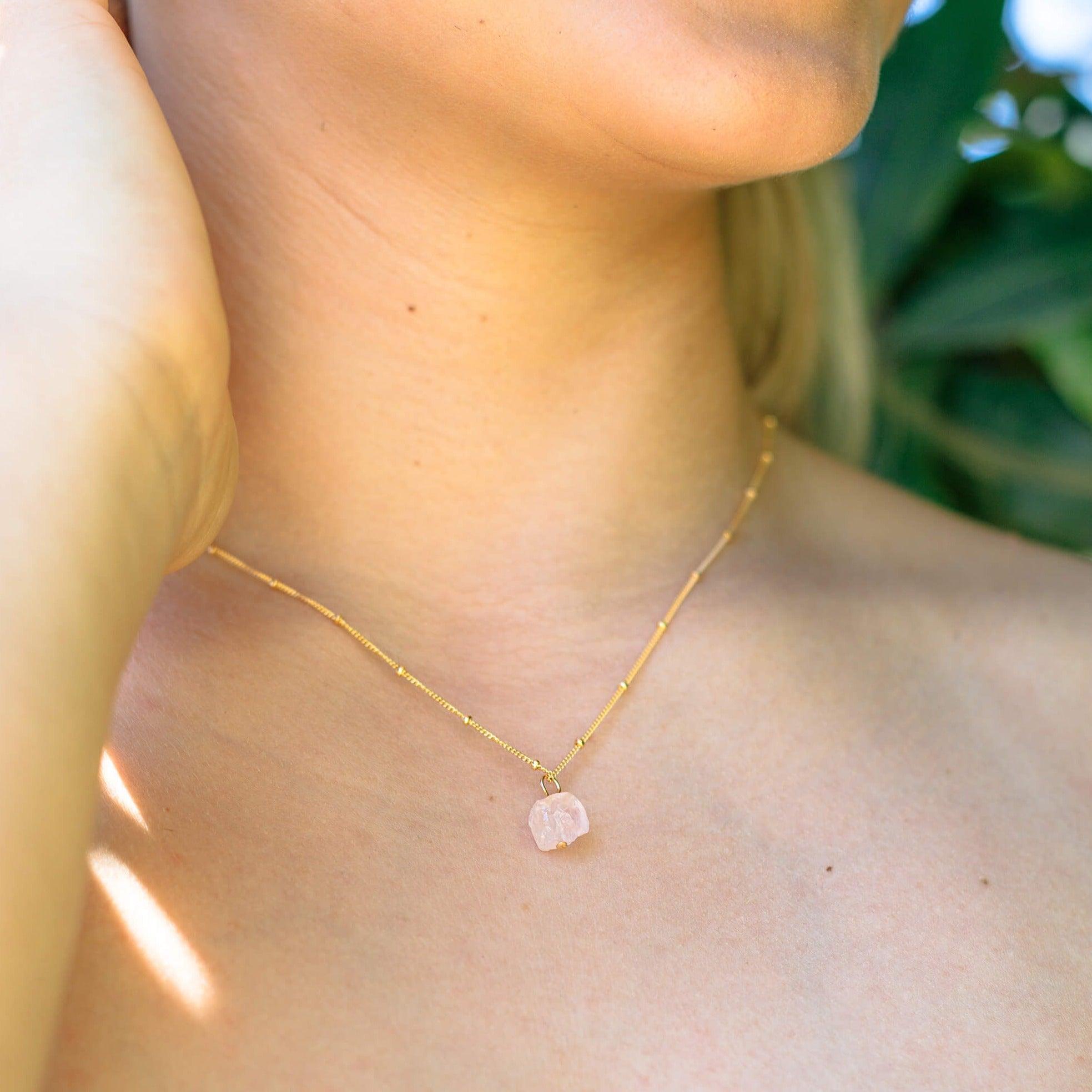 Tiny Raw Rose Quartz Pendant Necklace - Tiny Raw Rose Quartz Pendant Necklace - 14k Gold Fill / Cable - Luna Tide Handmade Crystal Jewellery