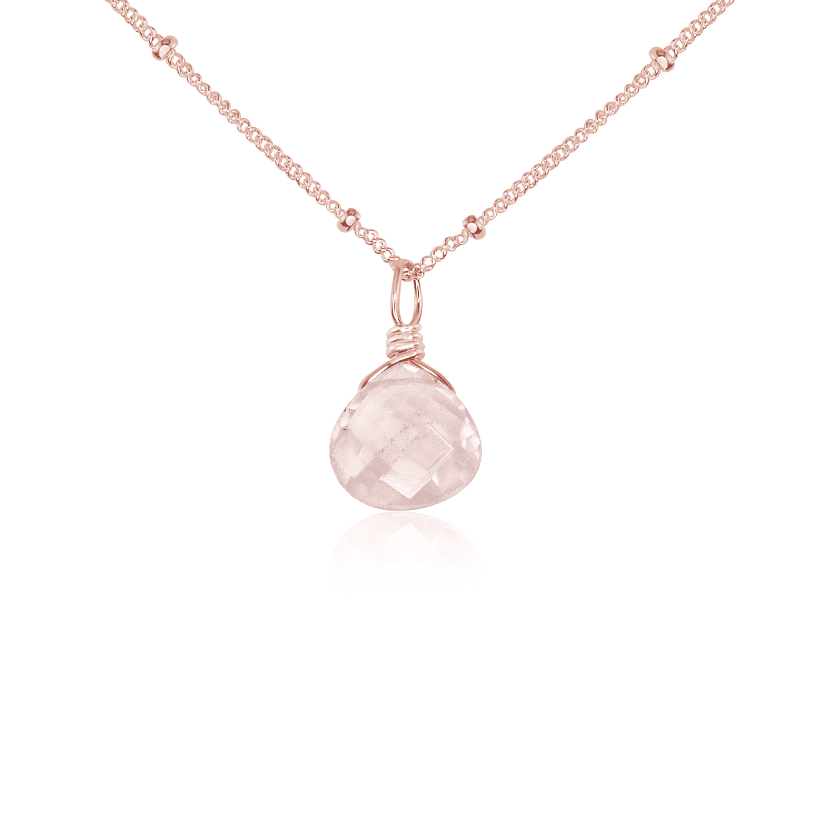 Tiny Rose Quartz Teardrop Crystal Necklace - Tiny Rose Quartz Teardrop Crystal Necklace - 14k Rose Gold Fill / Satellite - Luna Tide Handmade Crystal Jewellery