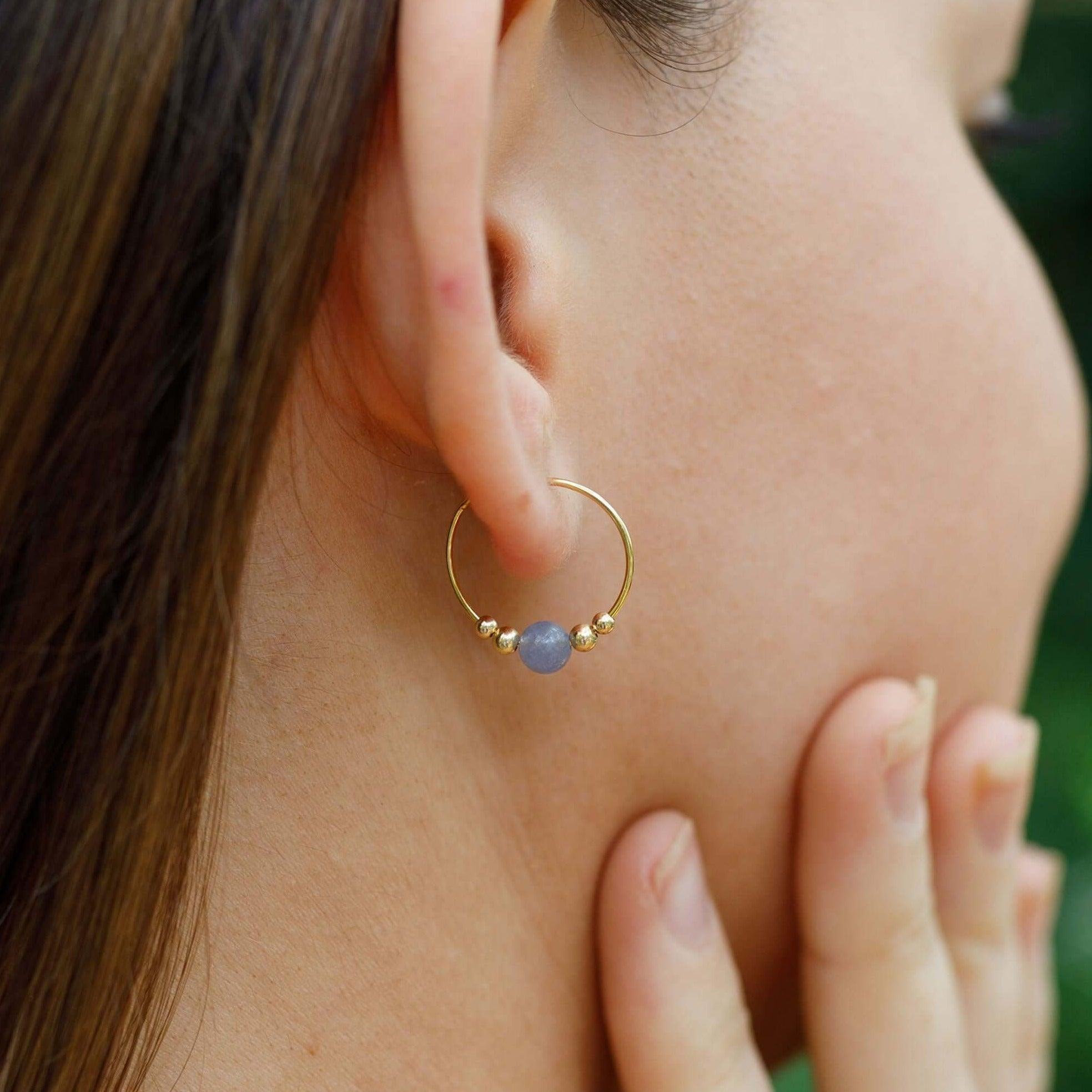 Tiny Tanzanite Gemstone Bead Hoop Earrings - Tiny Tanzanite Gemstone Bead Hoop Earrings - Sterling Silver - Luna Tide Handmade Crystal Jewellery
