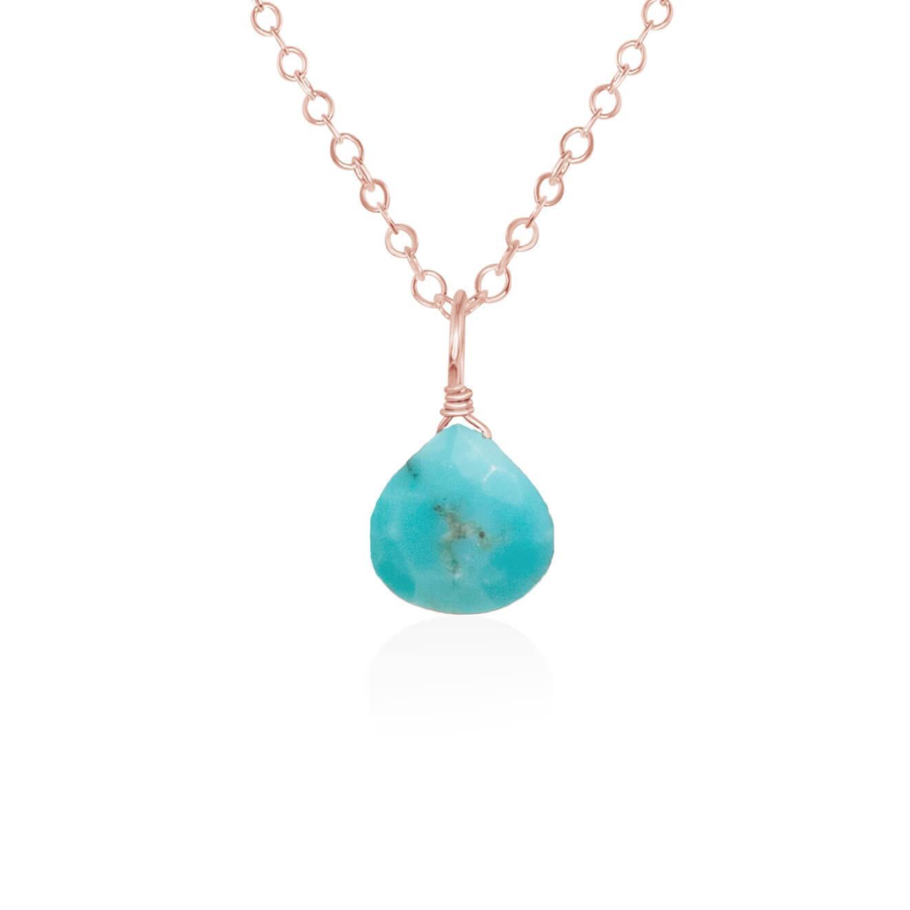 Tiny Turquoise Teardrop Crystal Necklace - Tiny Turquoise Teardrop Crystal Necklace - 14k Rose Gold Fill / Cable - Luna Tide Handmade Crystal Jewellery