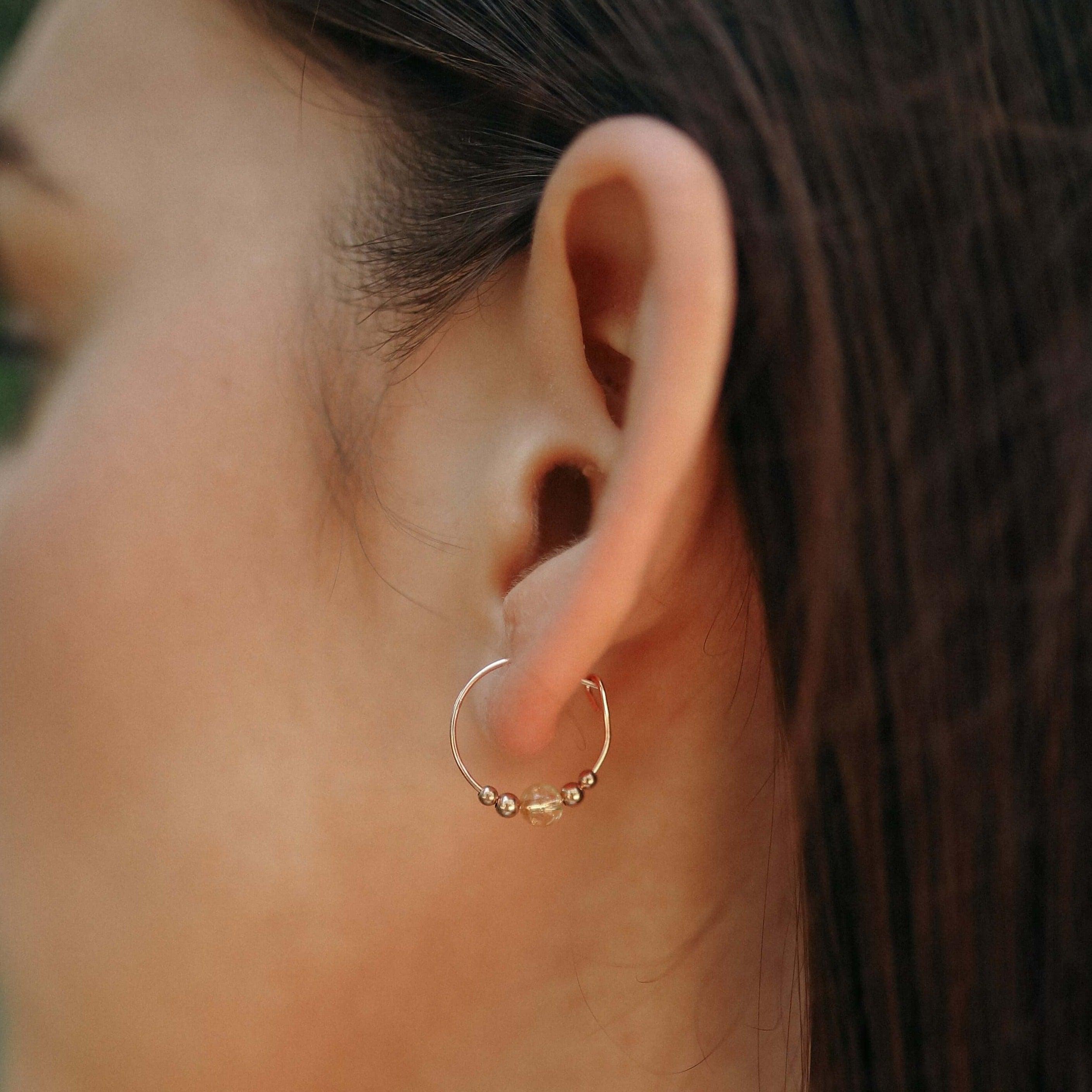 Tiny Yellow Citrine Bead Hoop Earrings - Tiny Yellow Citrine Bead Hoop Earrings - 14k Gold Fill - Luna Tide Handmade Crystal Jewellery