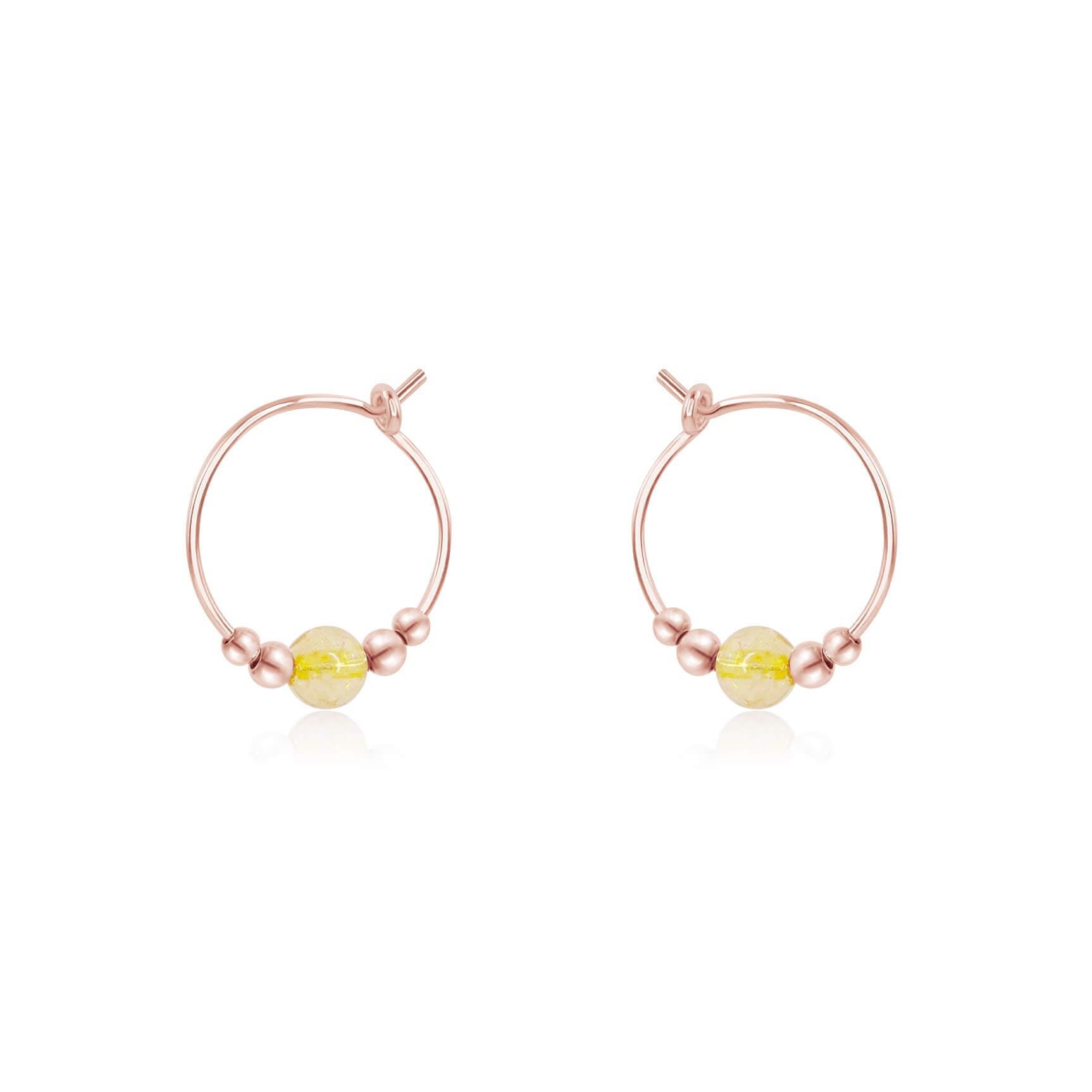 Tiny Yellow Citrine Bead Hoop Earrings - Tiny Yellow Citrine Bead Hoop Earrings - 14k Rose Gold Fill - Luna Tide Handmade Crystal Jewellery