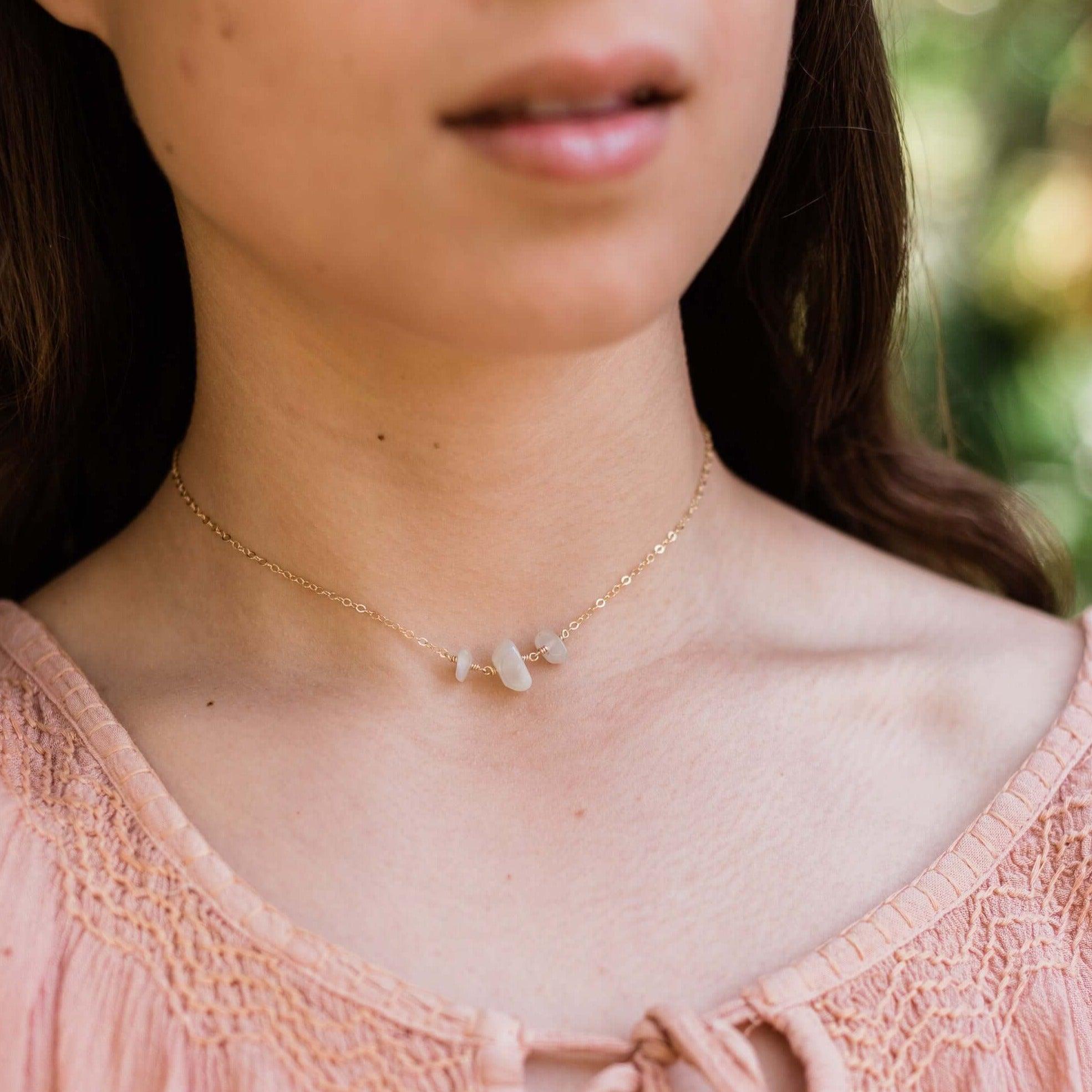 White Moonstone Beaded Chain Choker Necklace - White Moonstone Beaded Chain Choker Necklace - 14k Gold Fill - Luna Tide Handmade Crystal Jewellery