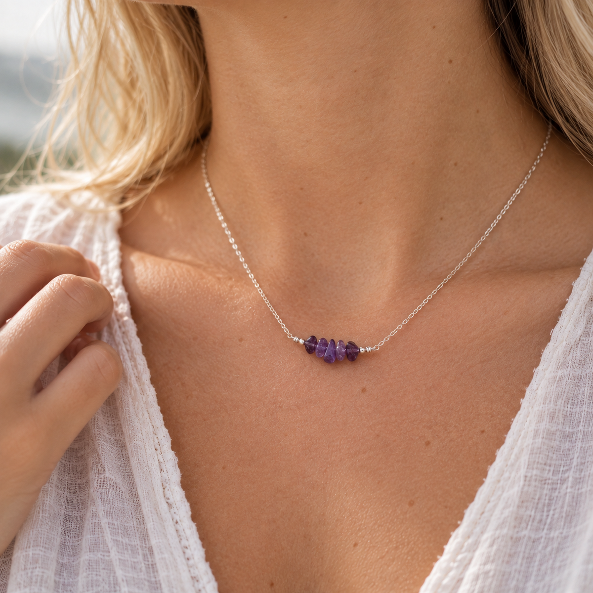 Amethyst Crystal Chip Bead Bar Necklace