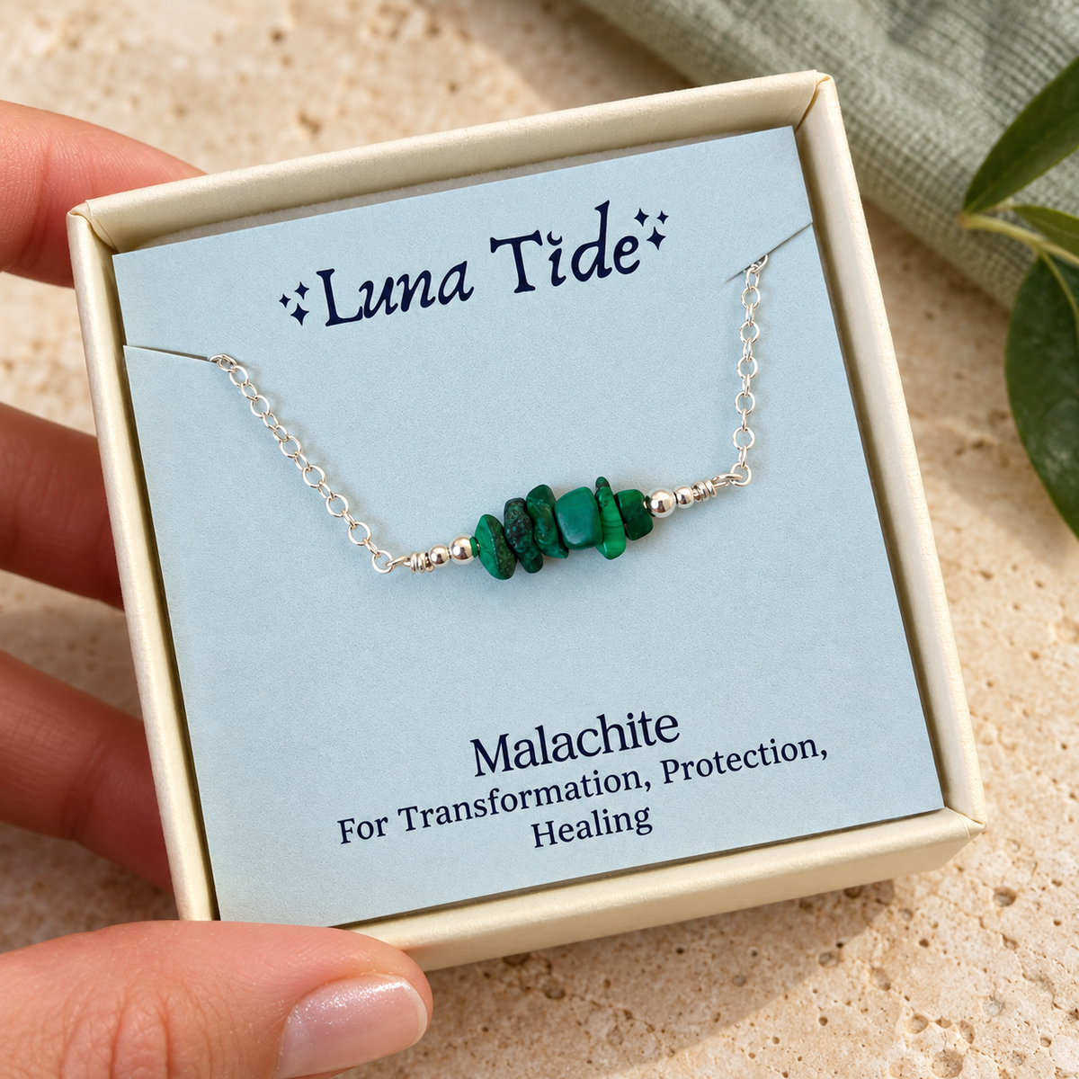 Malachite Crystal Chip Bead Bar Necklace