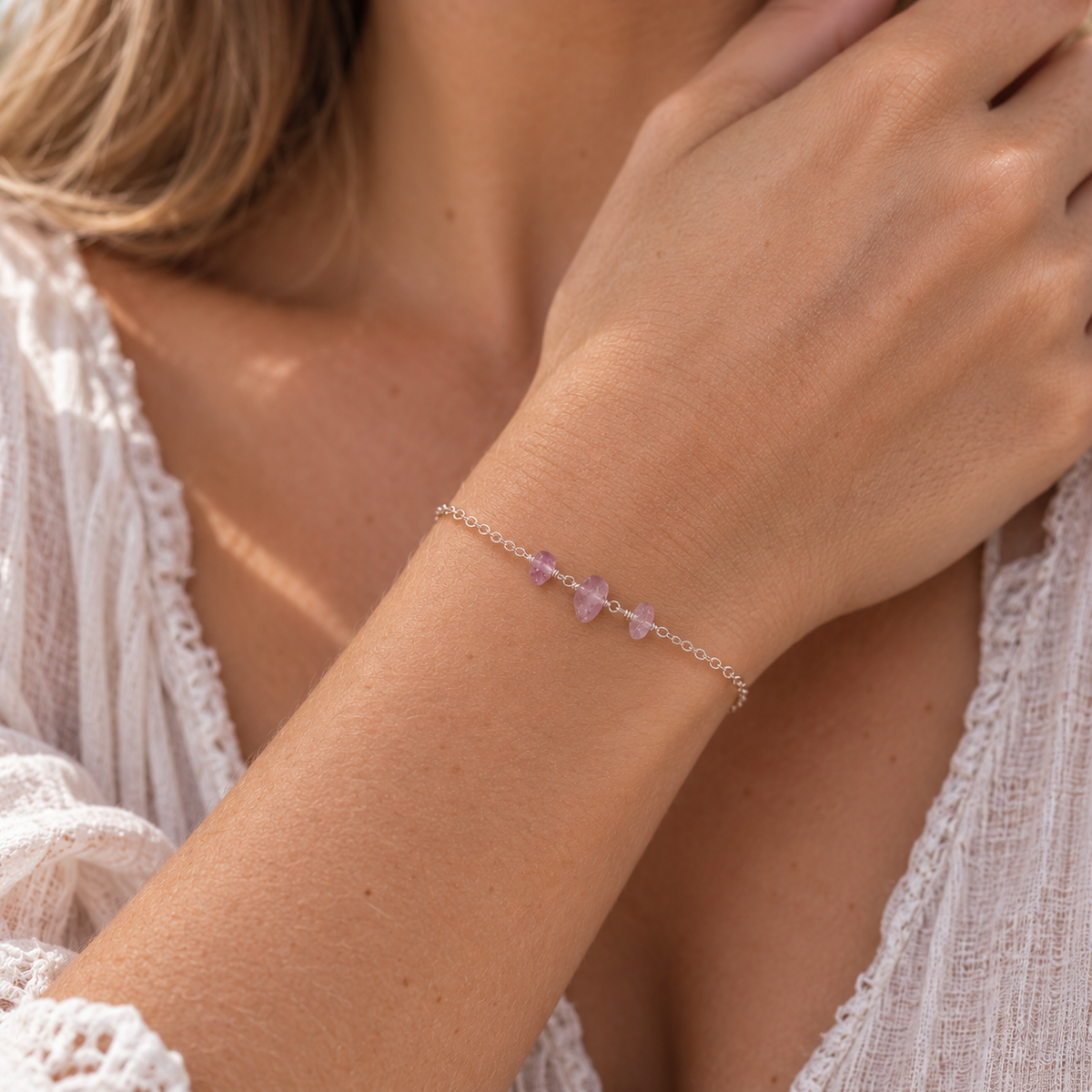 Pink Amethyst Beaded Chain Bracelet