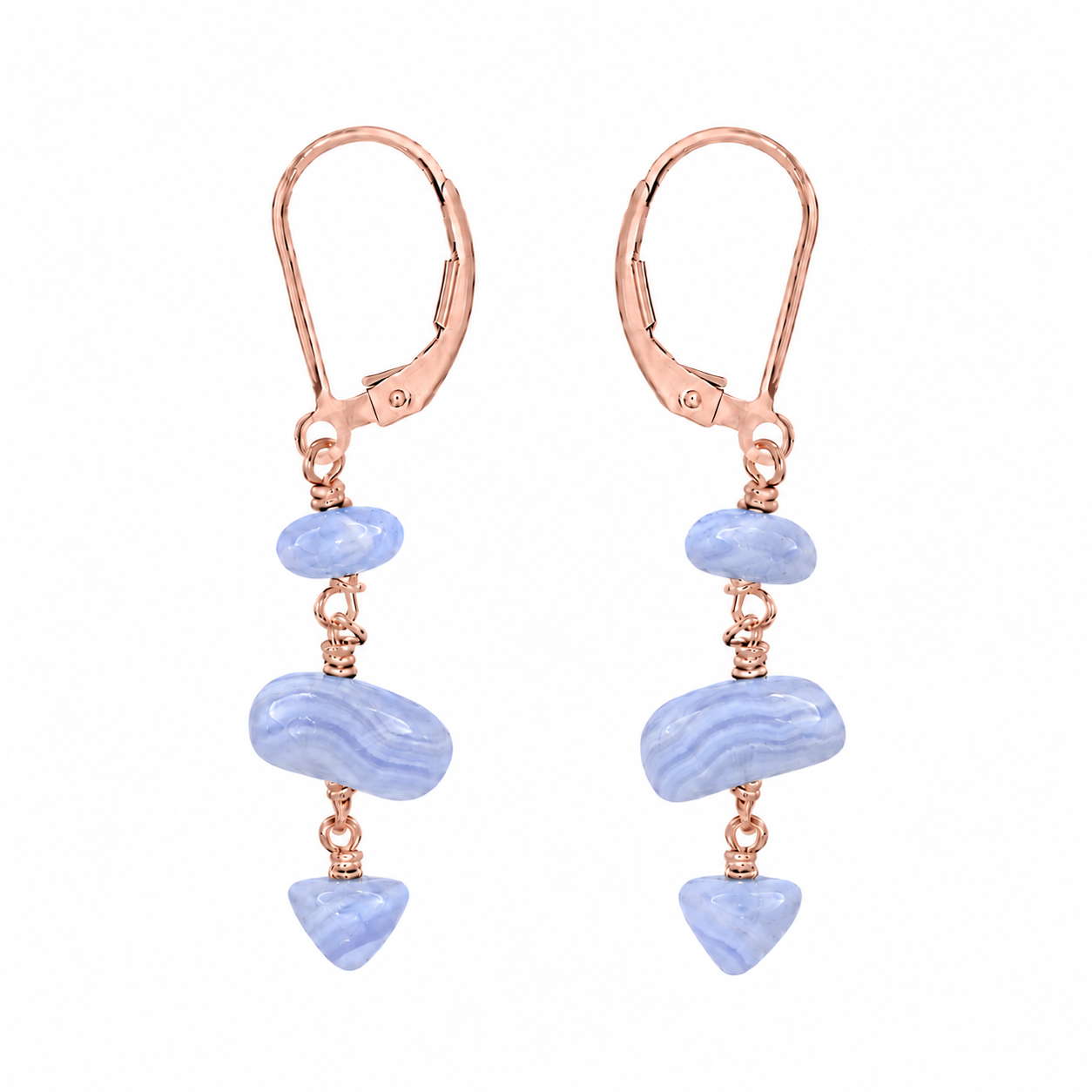 Blue Lace Agate Crystal Beaded Chain Dangle Leverback Earrings