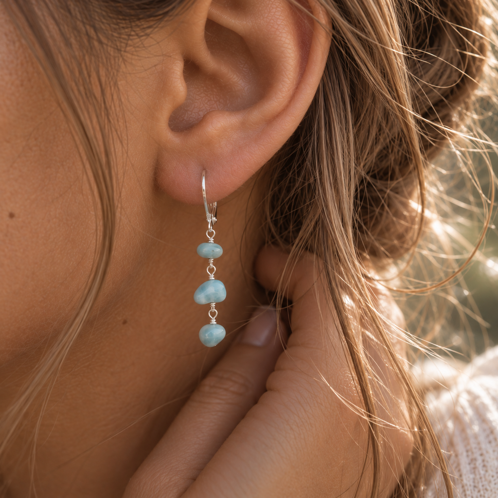 Larimar Crystal Beaded Chain Dangle Leverback Earrings