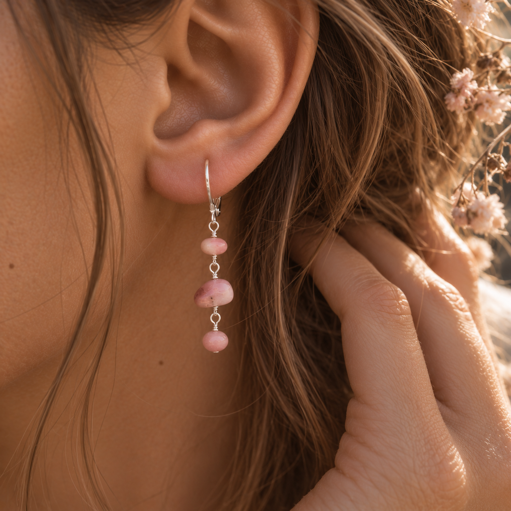 Pink Peruvian Opal Crystal Beaded Chain Dangle Leverback Earrings