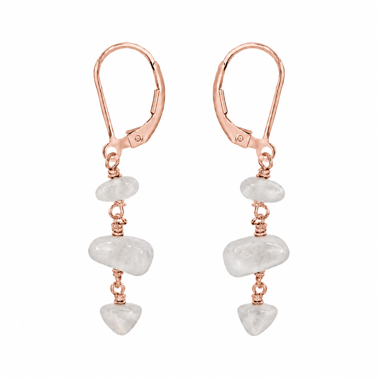 White Moonstone Crystal Beaded Chain Dangle Leverback Earrings