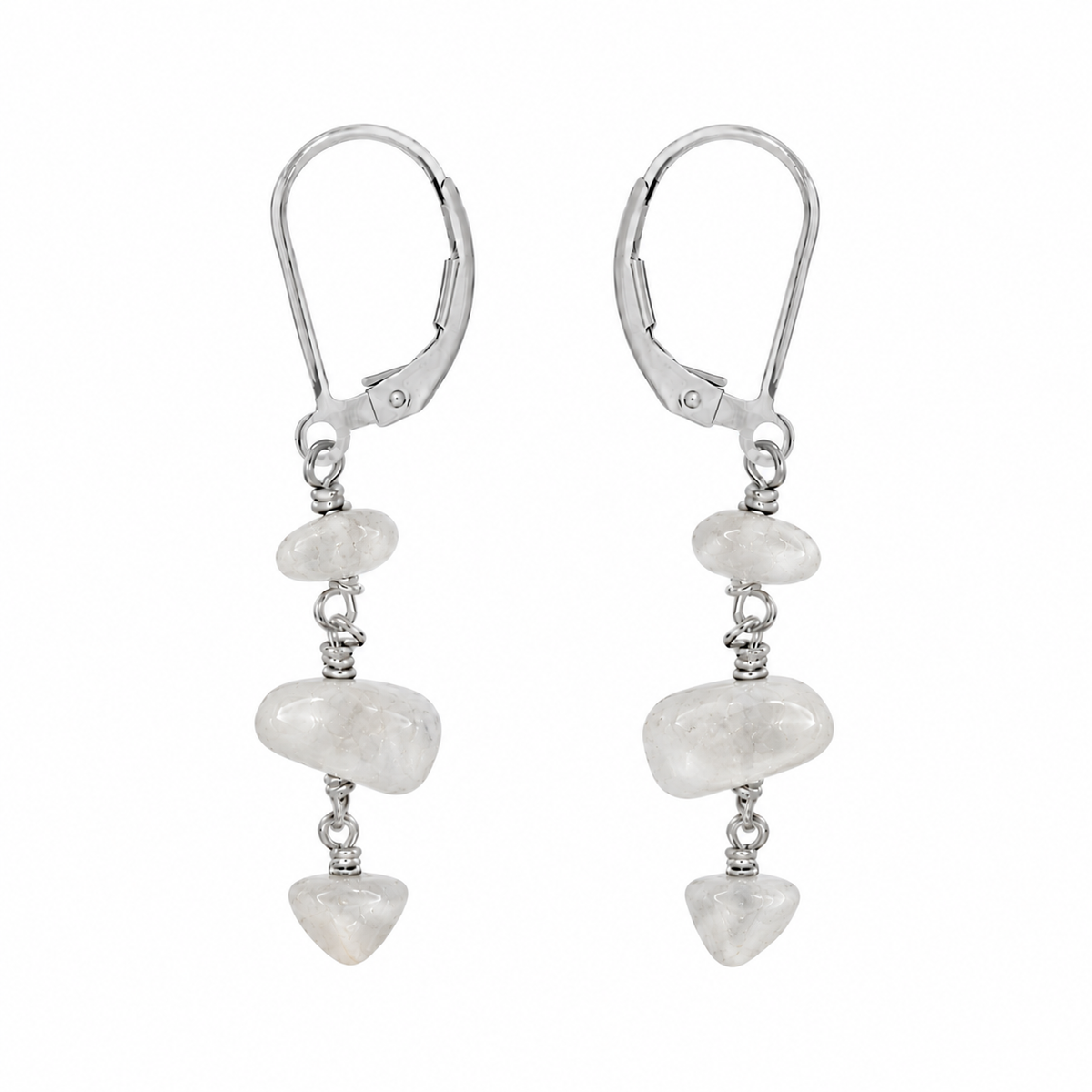 White Moonstone Crystal Beaded Chain Dangle Leverback Earrings