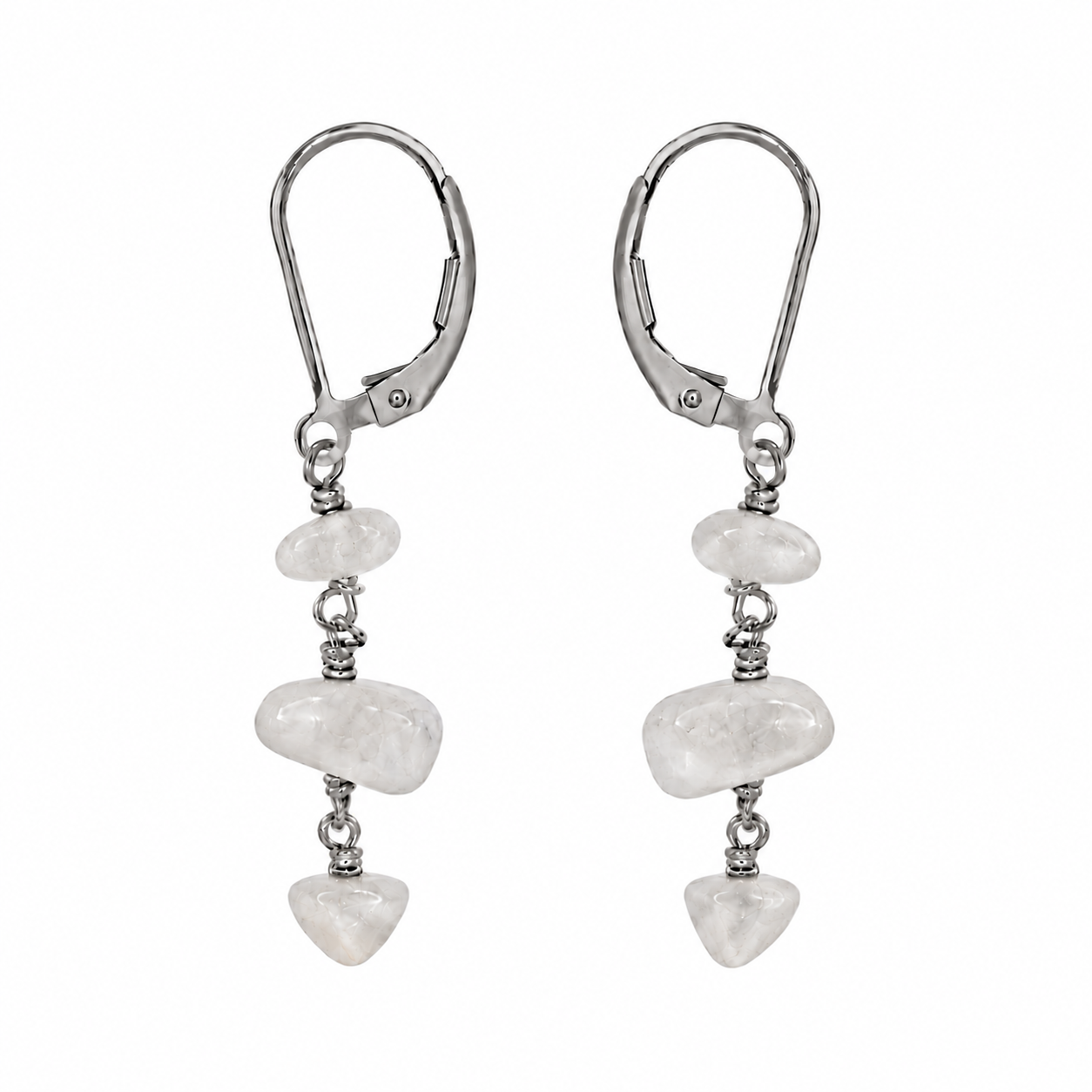 White Moonstone Crystal Beaded Chain Dangle Leverback Earrings