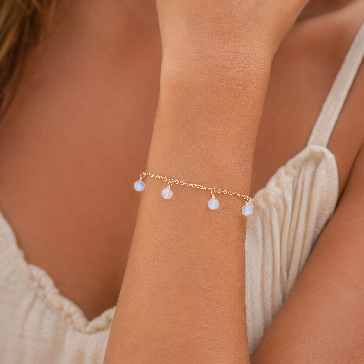 Rainbow Moonstone Boho Gemstone Bead Drop Charm Bracelet