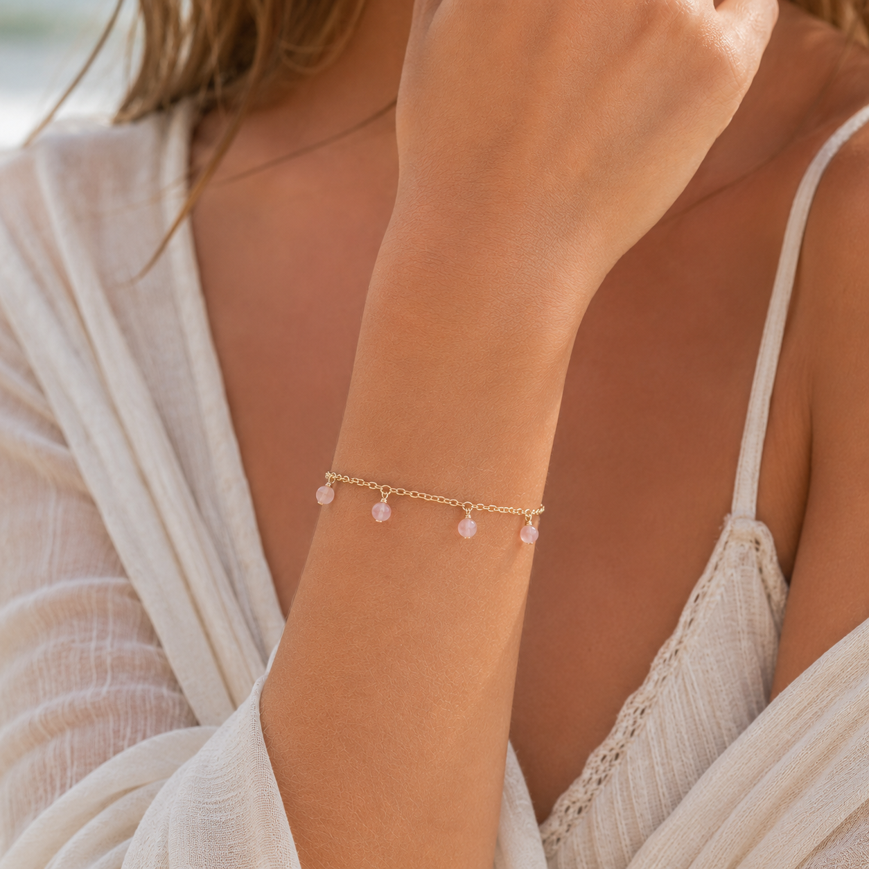Rose Quartz Boho Gemstone Bead Drop Charm Bracelet