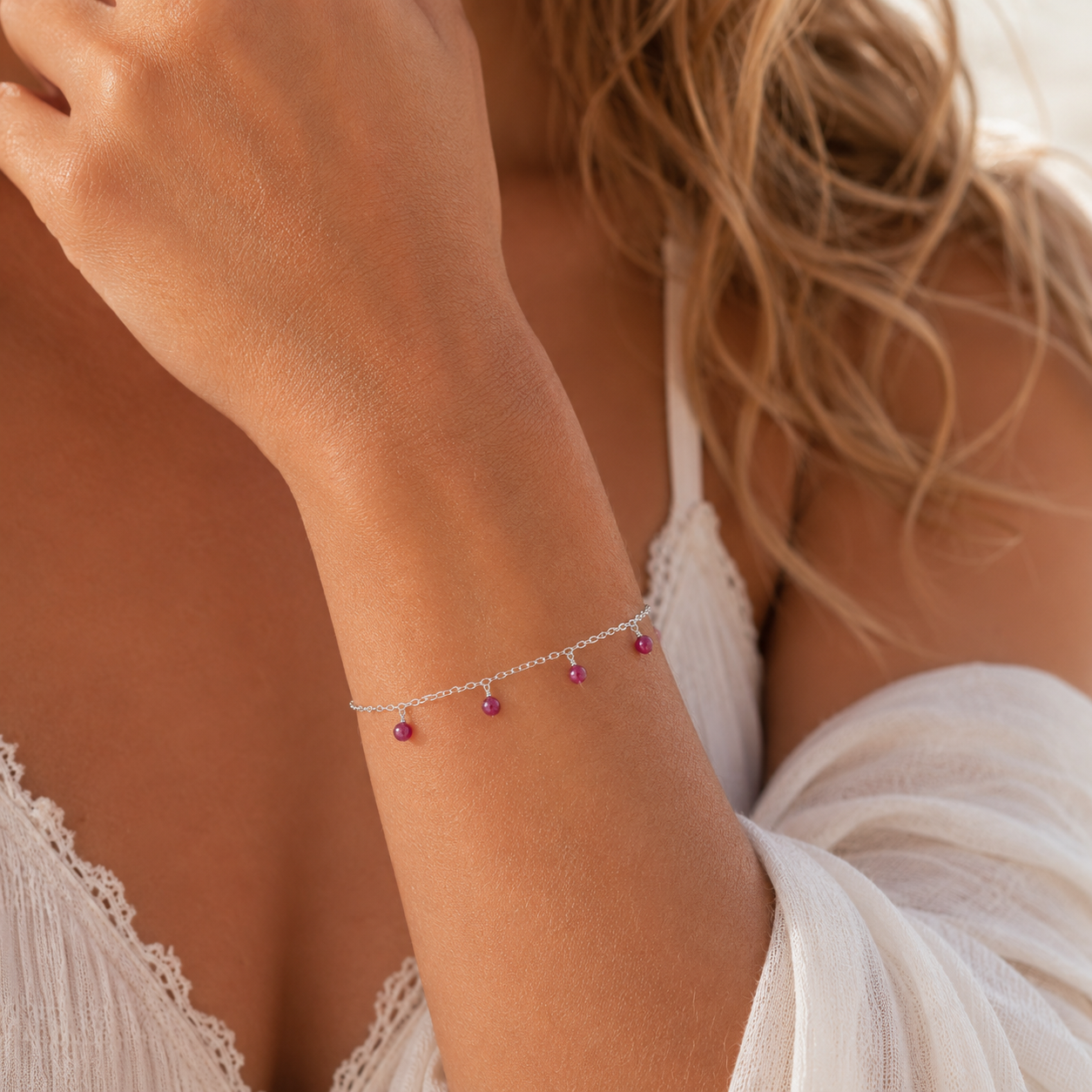 Ruby Boho Gemstone Bead Drop Charm Bracelet