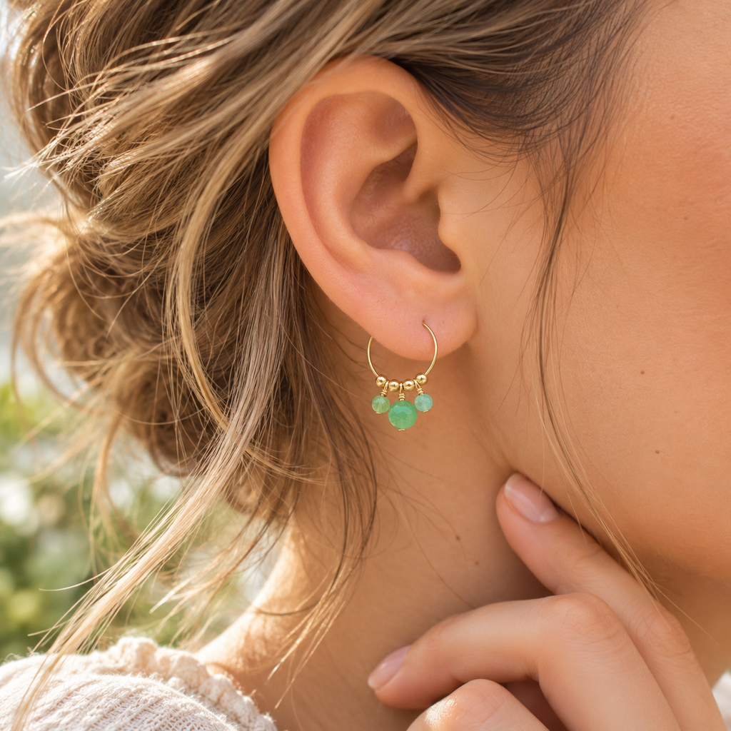 Chrysoprase Gemstone Bead Drop Hoop Earrings
