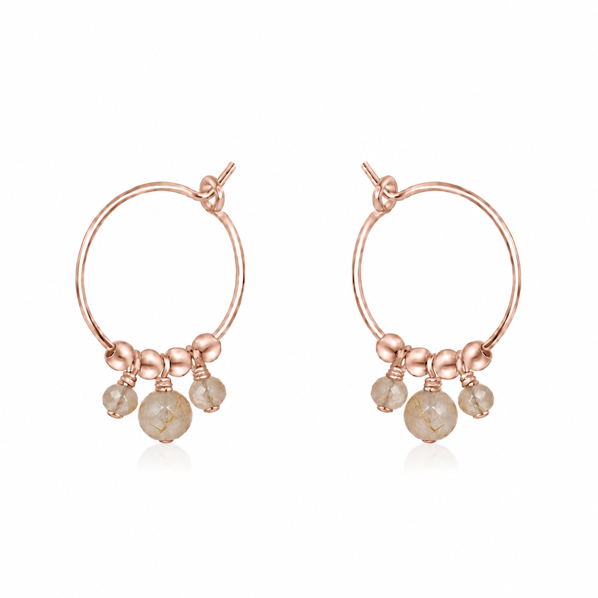 Golden Rutilated Quartz Gemstone Bead Drop Hoop Earrings