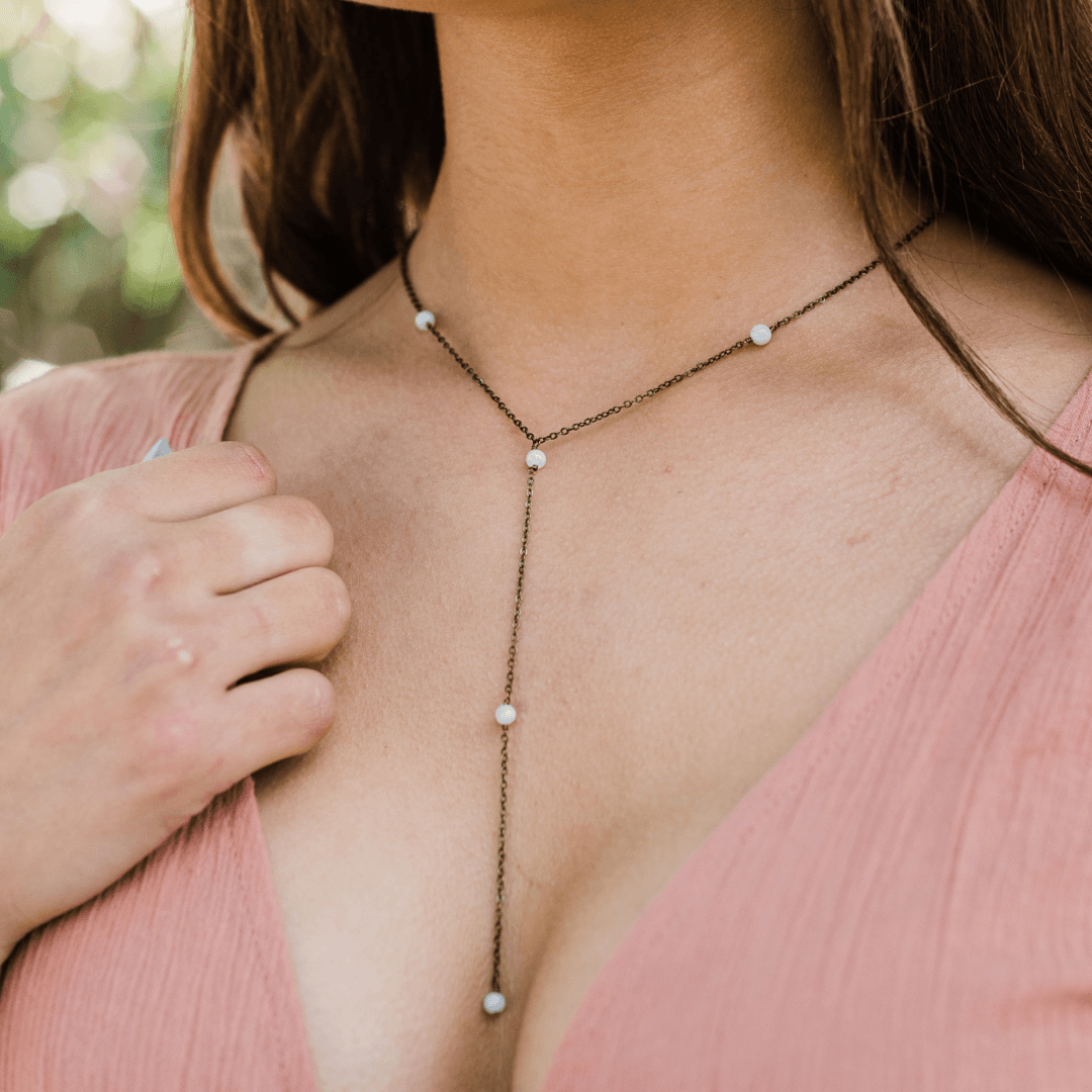 Bronze Blue Lace Agate Dainty Crystal Lariat Necklace