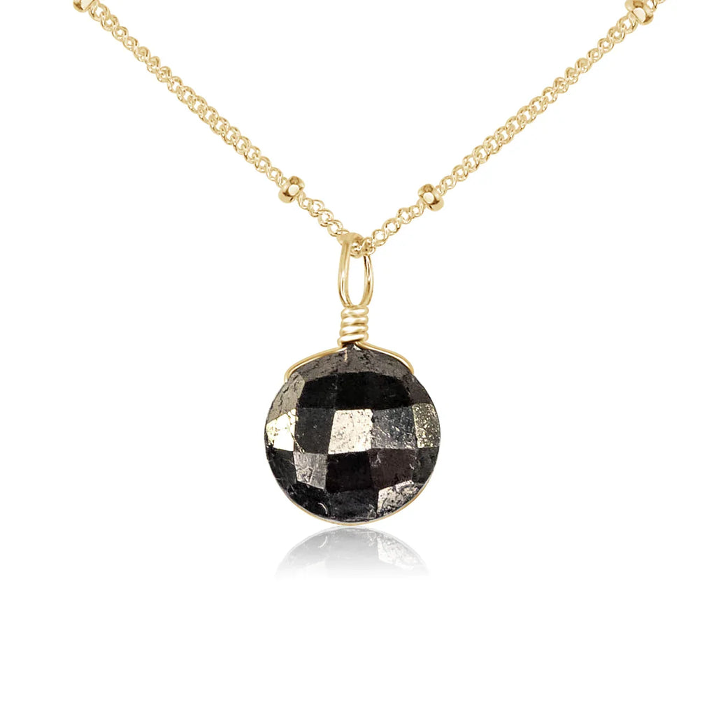 Faceted Pyrite Crystal Circle Pendant Necklace