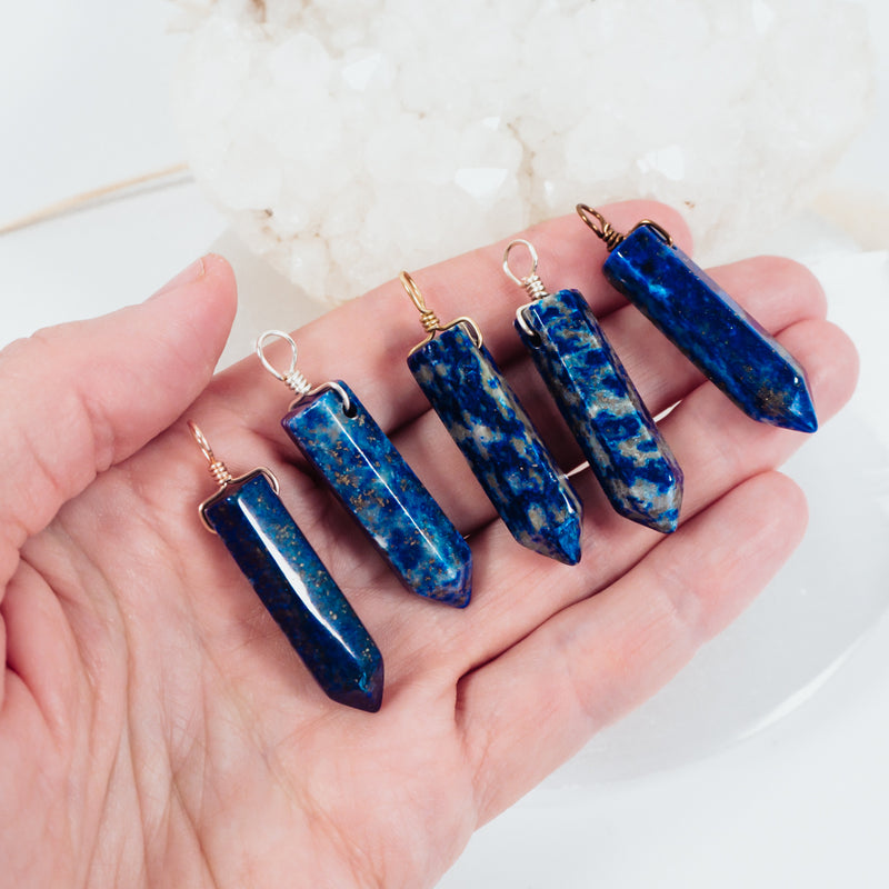 Lapis Lazuli Polished Hexagonal Point Crystal Pendant