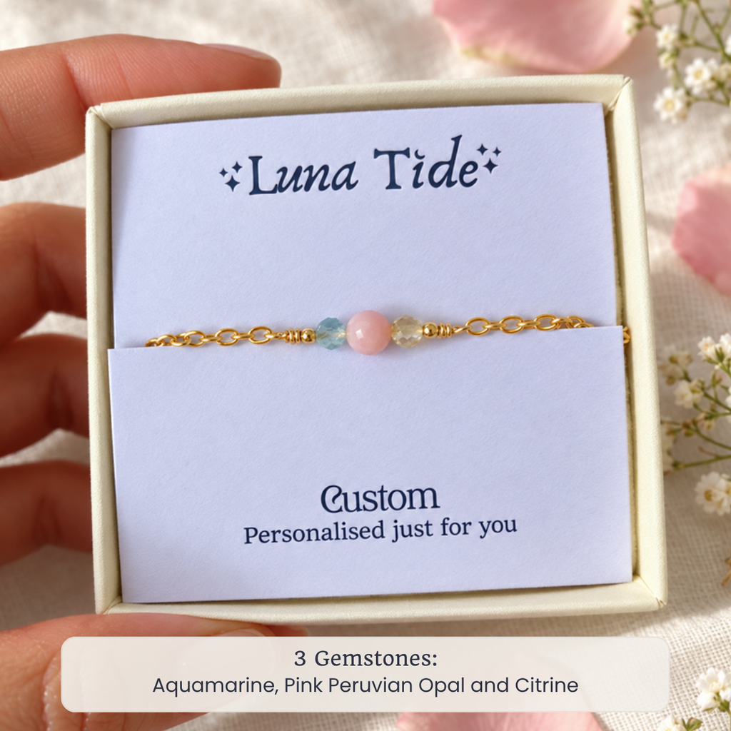 Custom dainty gemstone anklet with 3 Gemstones: Aquamarine, Pink Peruvian Opal and Citrine