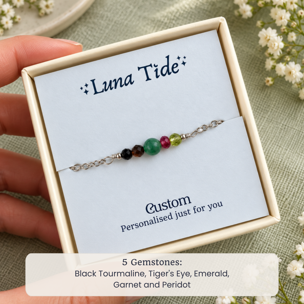 Custom dainty gemstone bracelet with 5 Gemstones: Black Tourmaline, Tiger's Eye, Emerald, Garnet and Peridot
