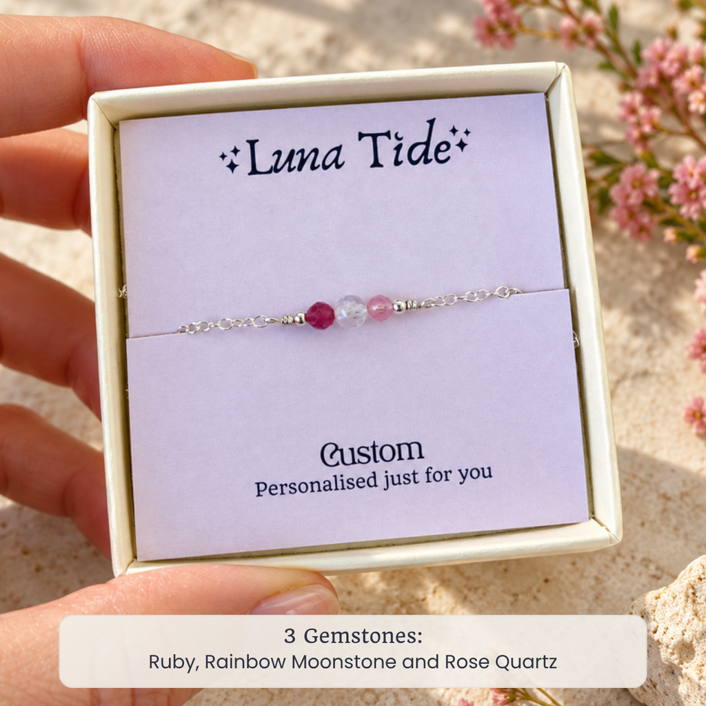 Custom dainty gemstone choker with 3 Gemstones: Ruby, Rainbow Moonstone and Rose Quartz